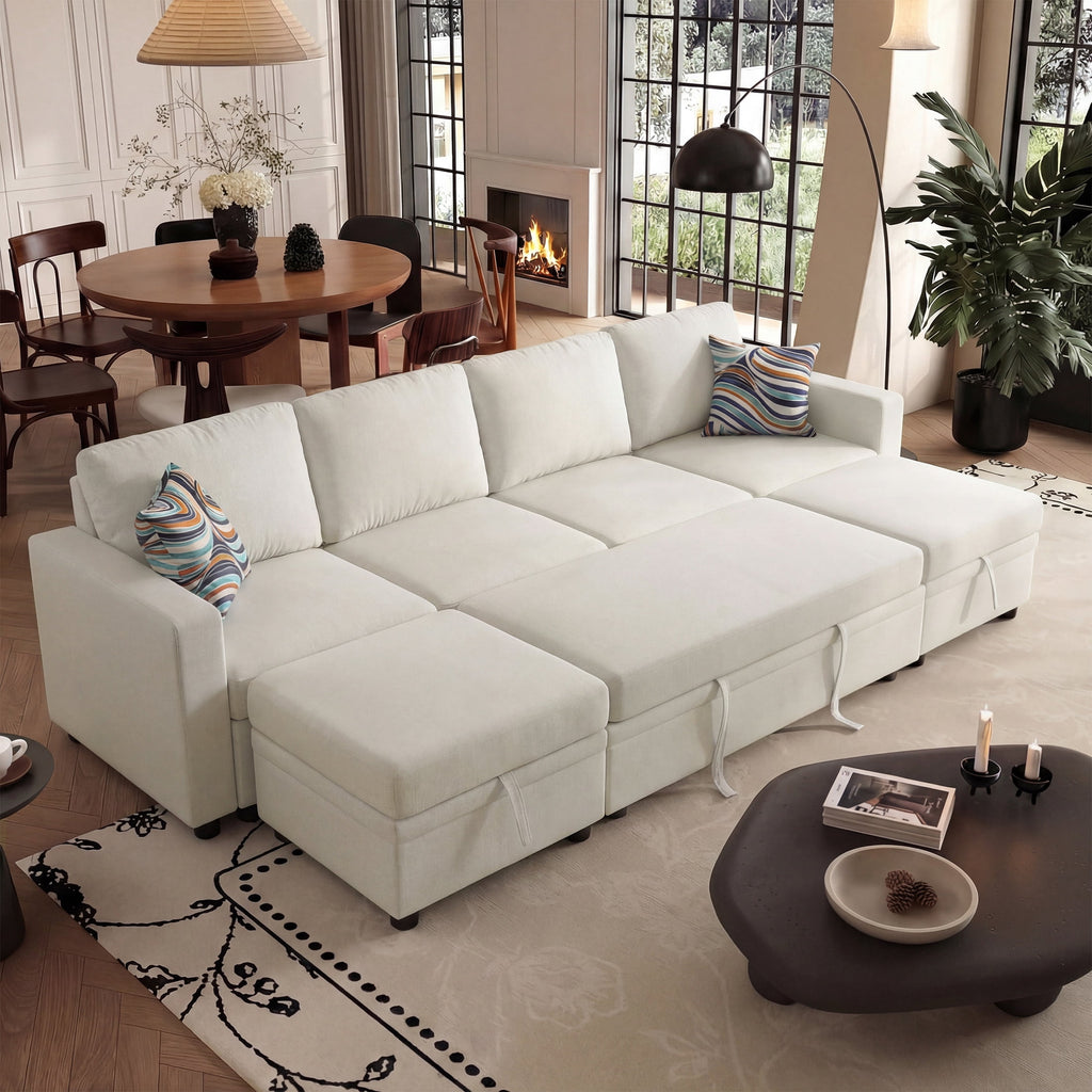 AENKYO 102 U-Shaped Sectional Sofa Bed, Linen Pull Out Sleeper Couch with Storage Seats for Living Room，White