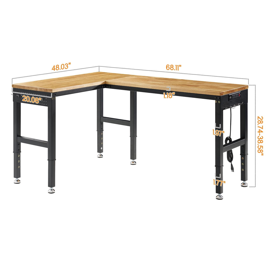 LUXOAK 68x48 L-Shaped Workbench with Power Strip, Adjustable Height Heavy Duty Work Table with Pegboard, 6000Lbs Load Capacity, for Garage