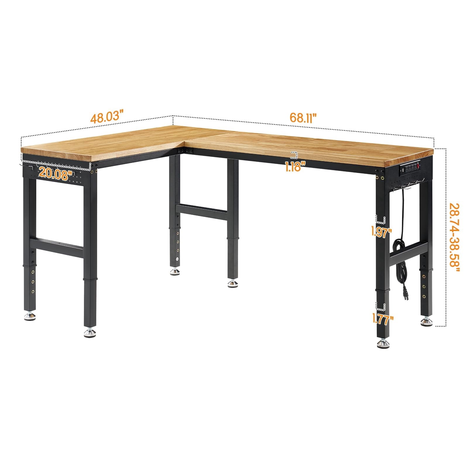 LUXOAK 68x48 L-Shaped Workbench with Power Strip, Adjustable Height Heavy Duty Work Table with Pegboard, 6000Lbs Load Capacity, for Garage