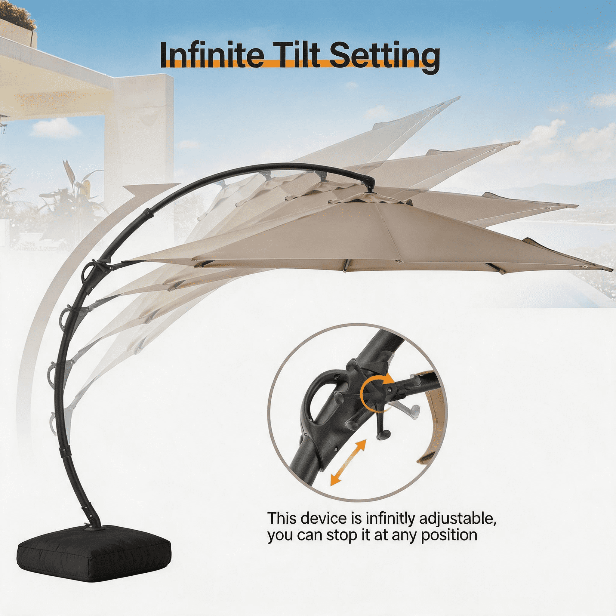 KAMEROUT 11FT Patio Umbrella with Fabric Sandbag Base, Outdoor Deluxe Curvy Cantilever Umbrella for Pool Deck, Champagne