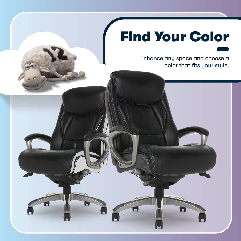 Serta Lautner Executive Home Office Desk Chair, Ergonomic High-Back with Adjustable Lumbar and Body Pillows, SmartLayers and ComfortCoils Technology, Mesh and Bonded Leather, Black and Gray