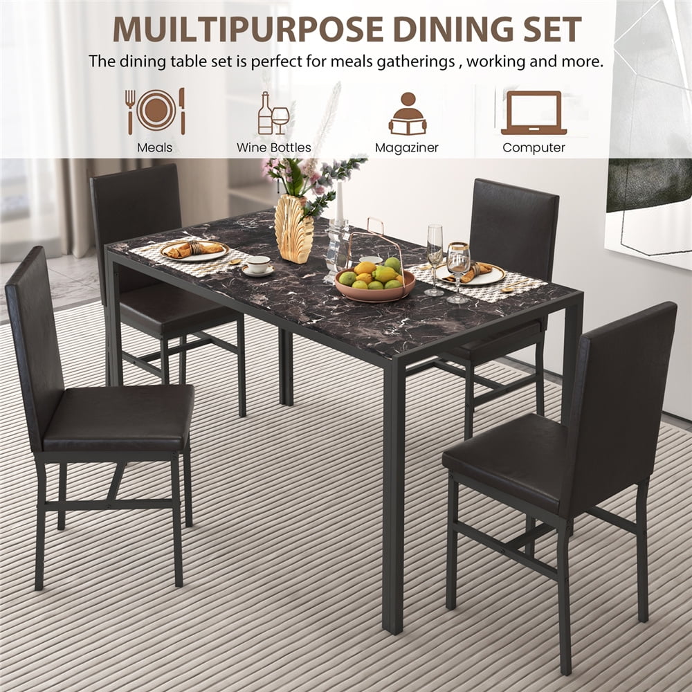 UHOMEPRO Dining Table Set for 4, 5 Piece Dining Room Table Set with Gray Velvet Upholstered Chairs, White Faux Marble Pattern Rectangle Kitchen Table Set for Breakfast Nook Small Space