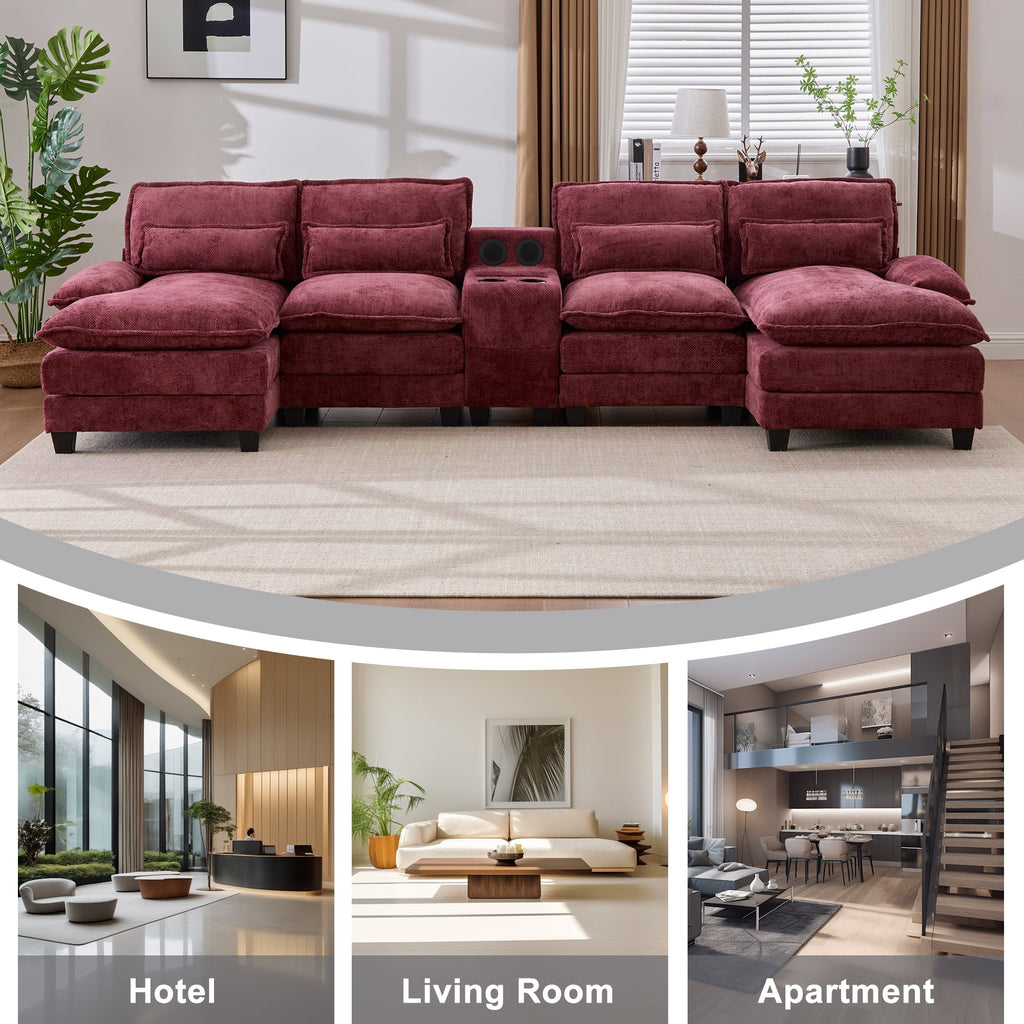 Villeston 126.77 U-Shaped Cloud Sofa With Chaise Lounge, Chenille Sofa With Wireless Charging, Bluetooth Speaker, Two Cup Holders, Storage Drawer, Suitable For Living Room,Gray