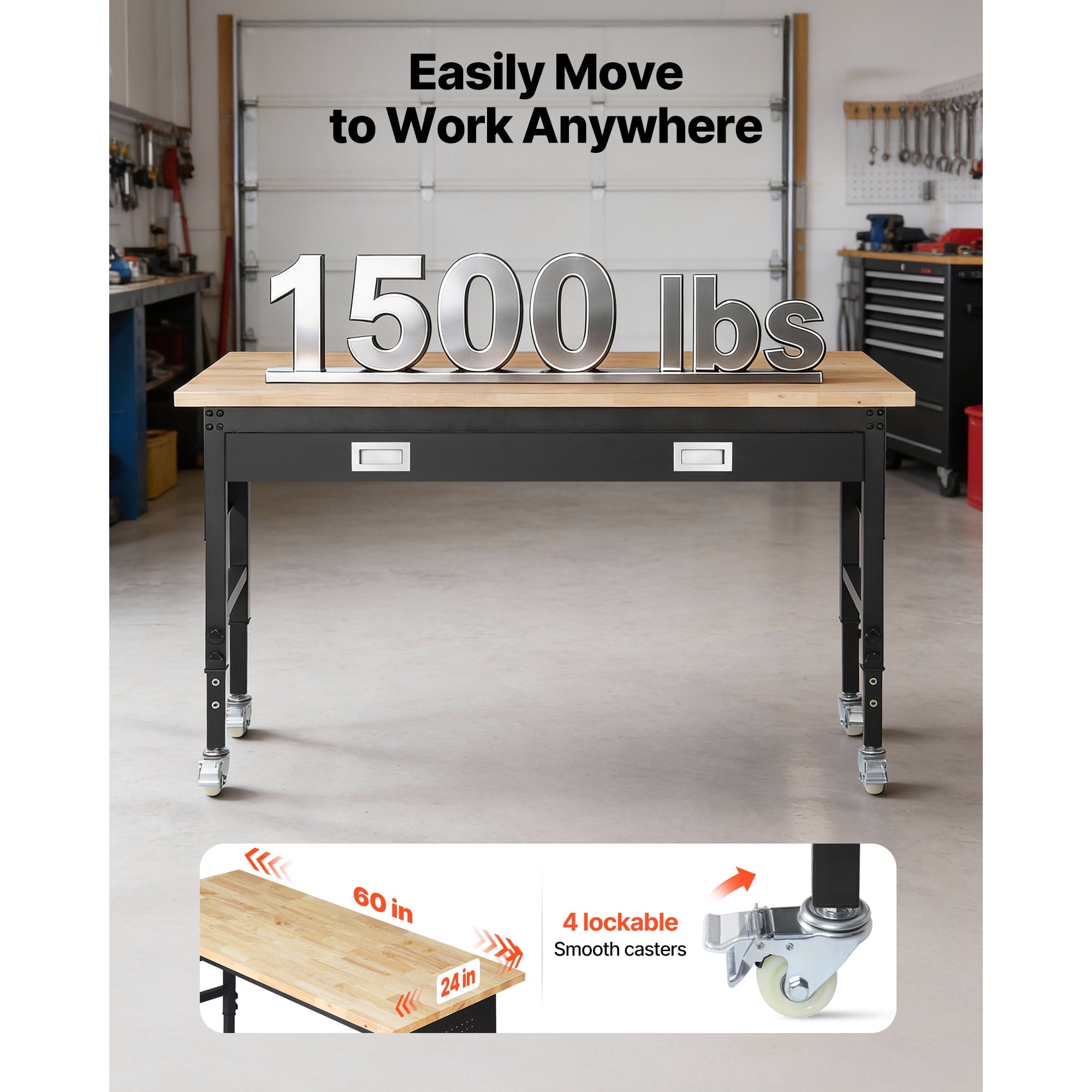 KFFKFF 60-inch Adjustable Workbench with Drawer, Power Outlet, Wheels, and Pegboard, Durable Oak Wood Top Work Table for Garage, Workshop, Office, and Home, Supports Up to 1500 lbs