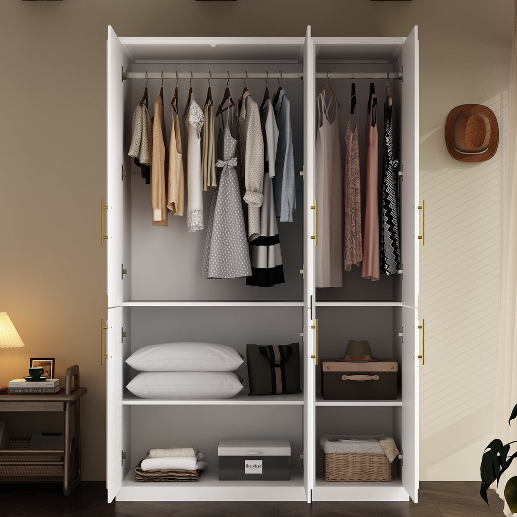 KULAGAGA Wardrobe Closet with Hanging Rod, Modern Wooden Armoire with 4 Framed Doors & 3 Large Shelves, Clothes Storage Cabinet Organizer for Bedroom Apartment, White