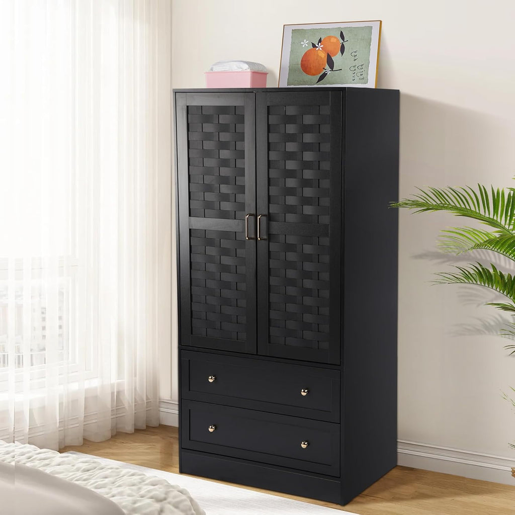 Wirrytor Freestanding Wooden Armoire Wardrobe with 2 Woven Doors and Storage Drawers, Space-Saving Closet Cabinet for Bedroom, Sturdy Mdf Board Closet with Hanging Rail