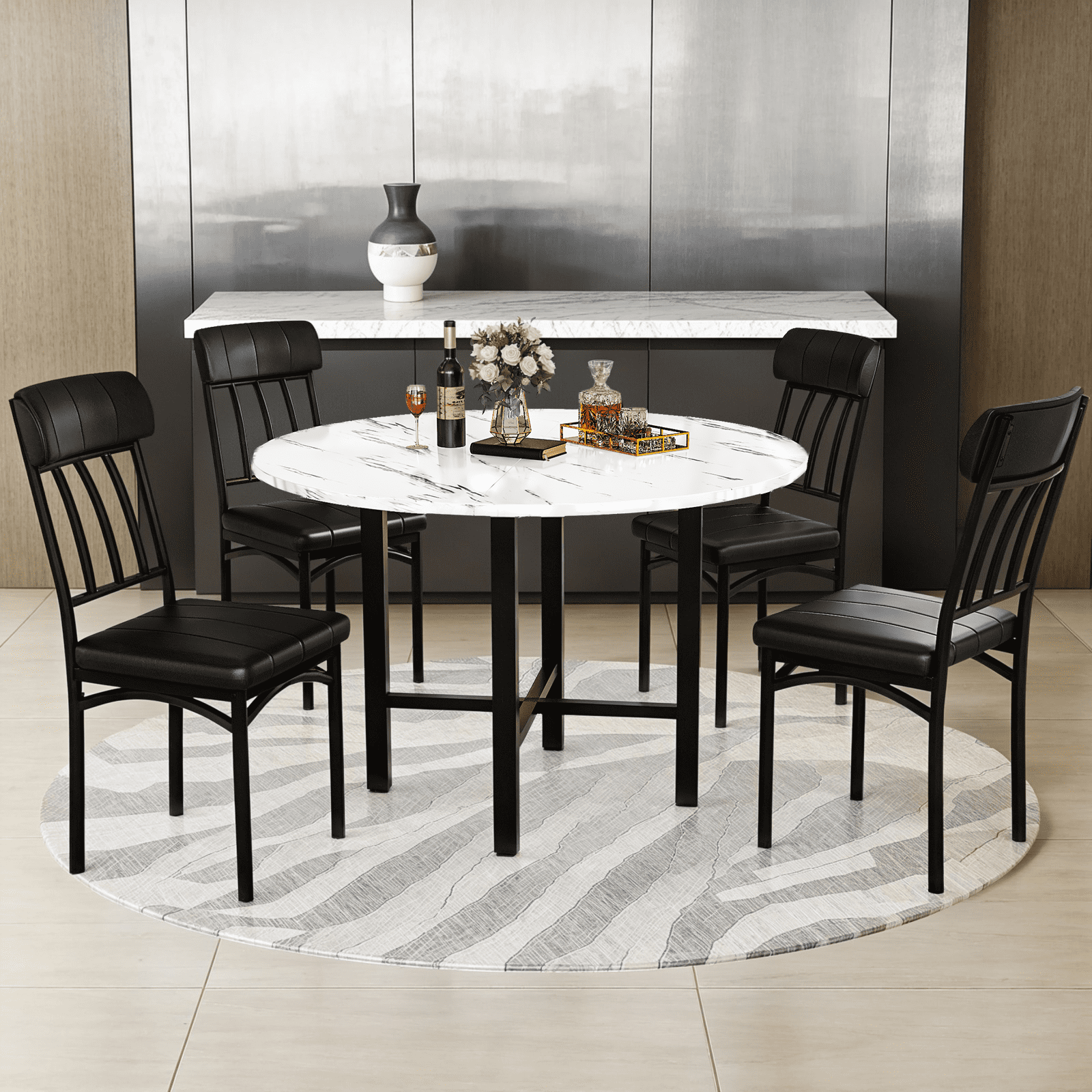 Lamerge Round Dining Table Set for 4,Wood Round Kitchen Table and Chairs Set for 4,Modern Dining Room Table Set with 4 Faux Leather Chairs,Round Dinner Table for Small Space,Brown