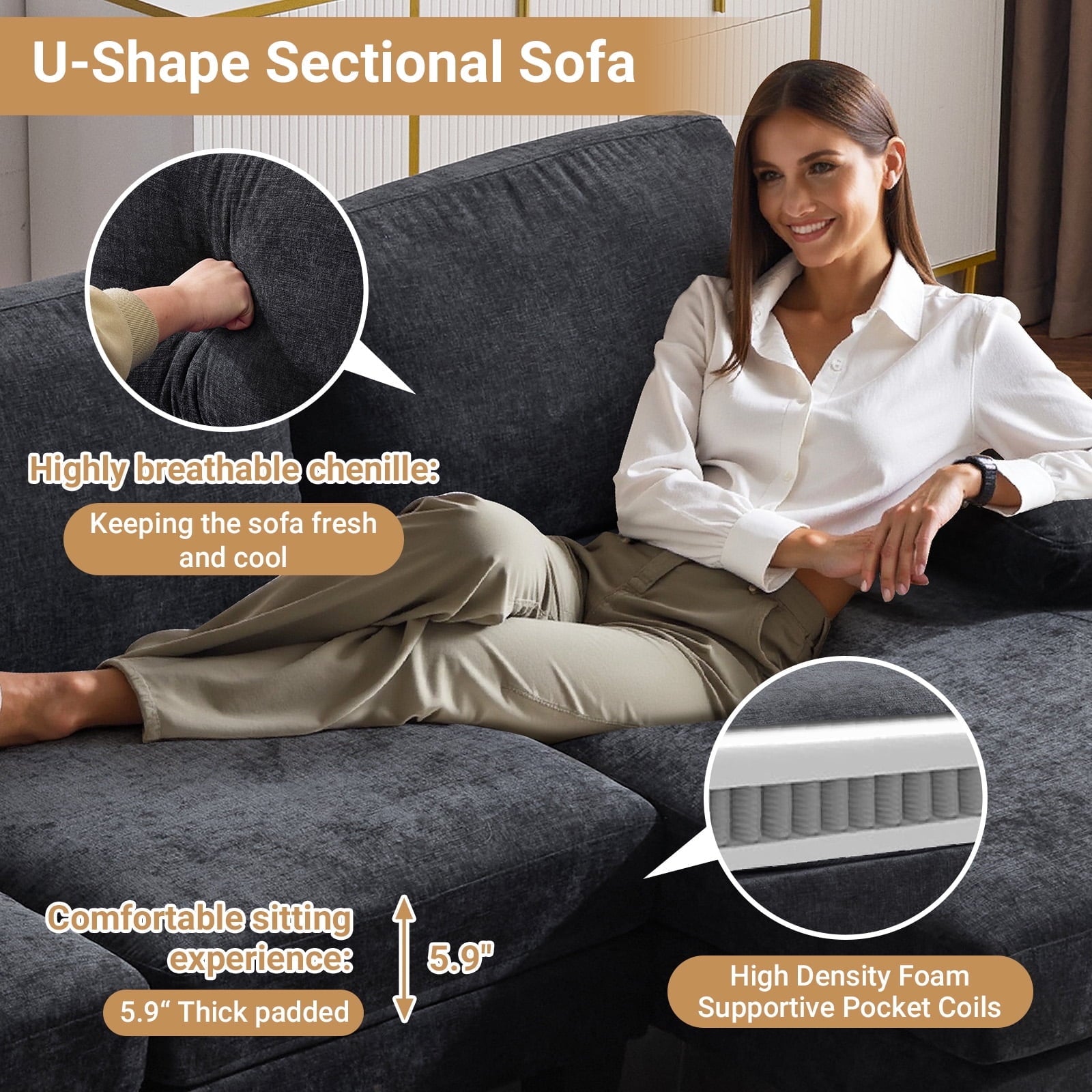 Ktaxon U-Shaped Sectional Sofa, 111  Chenille Couch, 4 Seat Lounge Sleeper with Double Chaise for Living Room Black