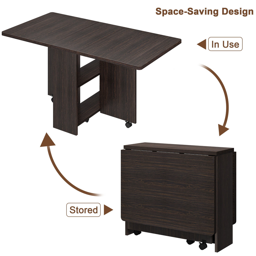 Folding Dining Table with 2 Tier Storage, Extendable Kitchen Table, Drop Leaf Table, Rectangle Dining Room Tables Set for 4, Space Saving Collapsible Expandable Dinner Kitchen Office Furniture