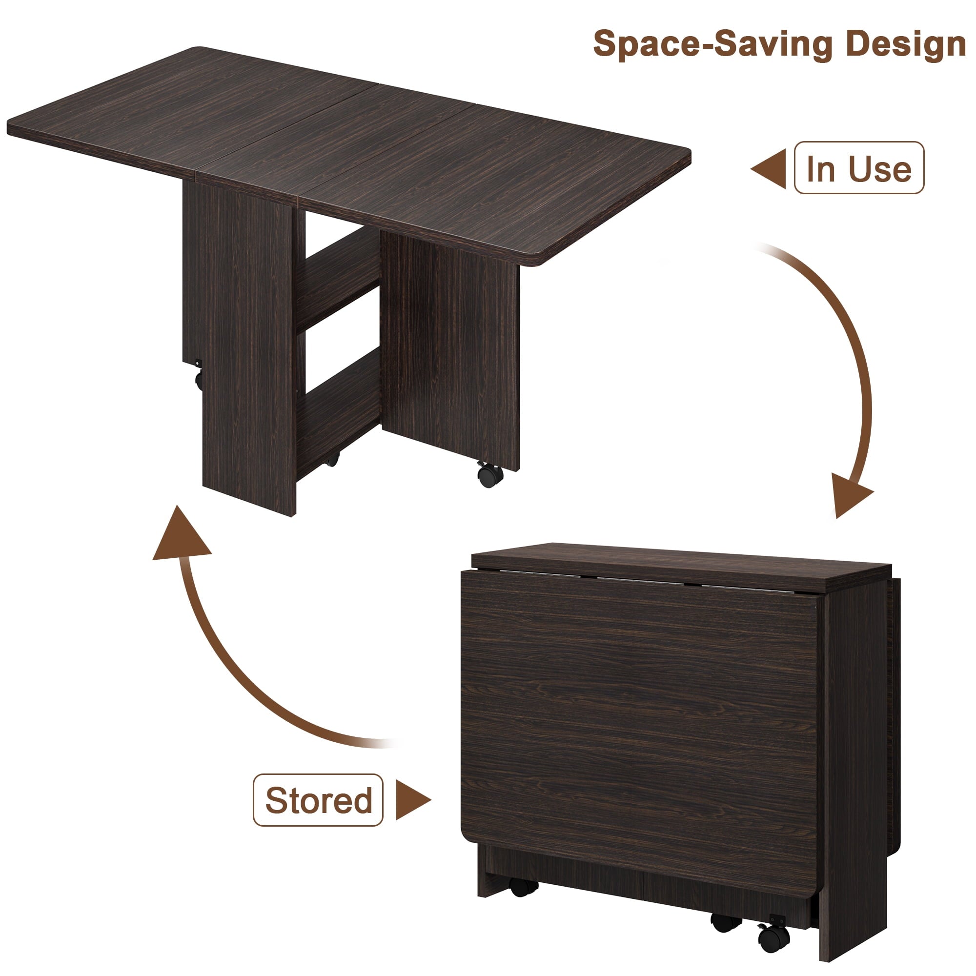 Folding Dining Table with 2 Tier Storage, Extendable Kitchen Table, Drop Leaf Table, Rectangle Dining Room Tables Set for 4, Space Saving Collapsible Expandable Dinner Kitchen Office Furniture