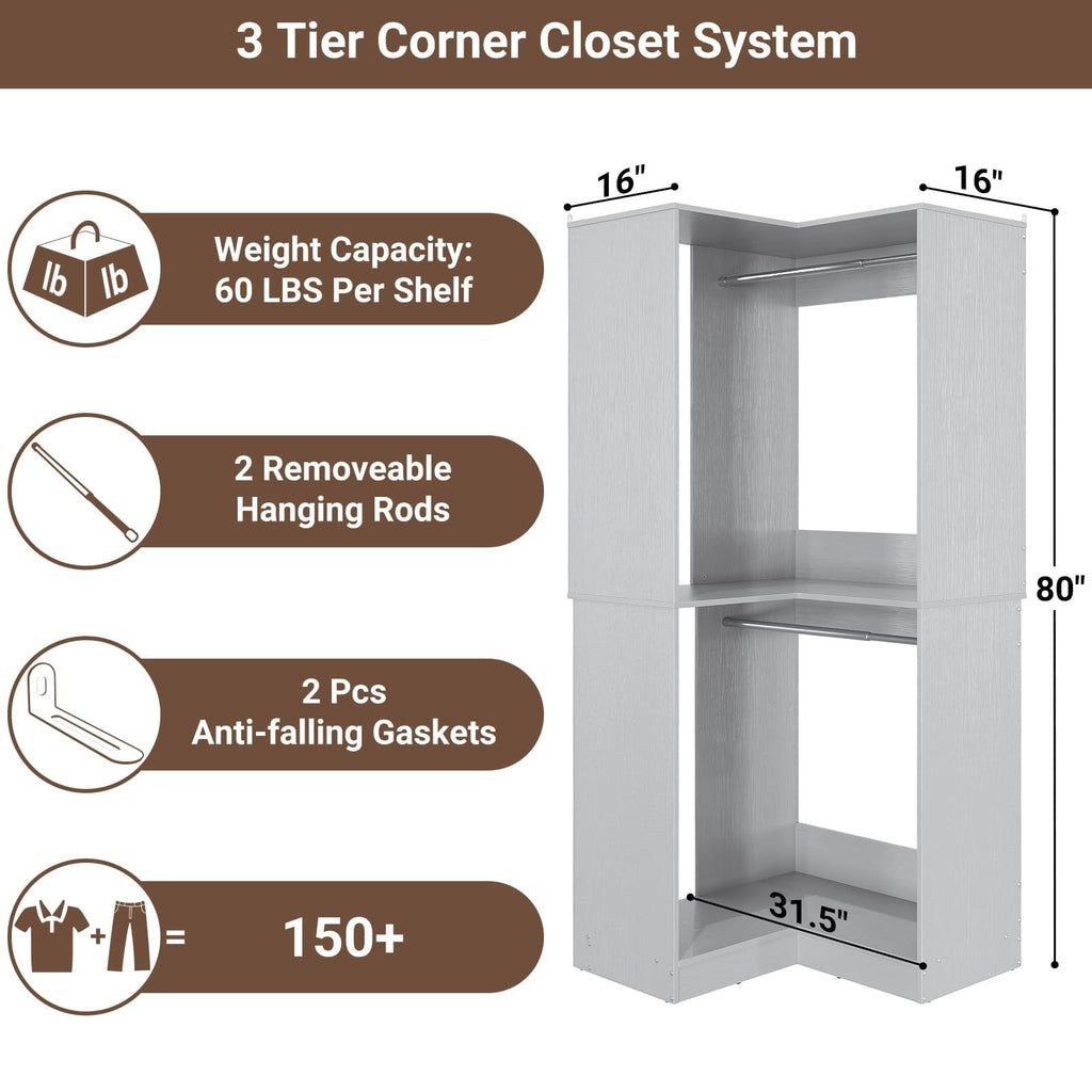 Homieasy 32'' W Corner Closet System with Hanging Rod, White