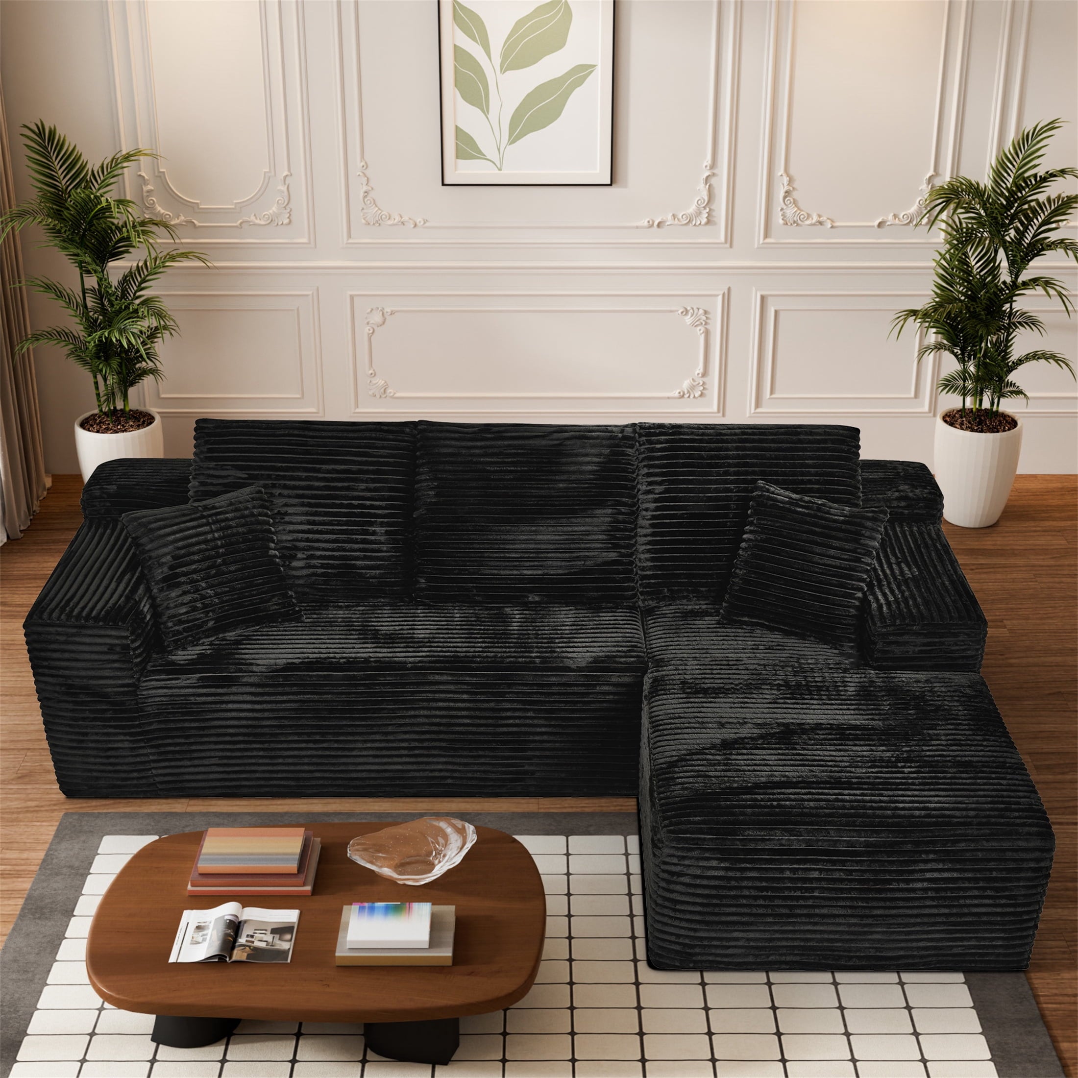 Aukfa 95 Cloud Sectional Sofa Deep Seat Boneless Couch Modular L-Shaped Couch, Left Chaise Corduroy Sofa for Living Room, Black