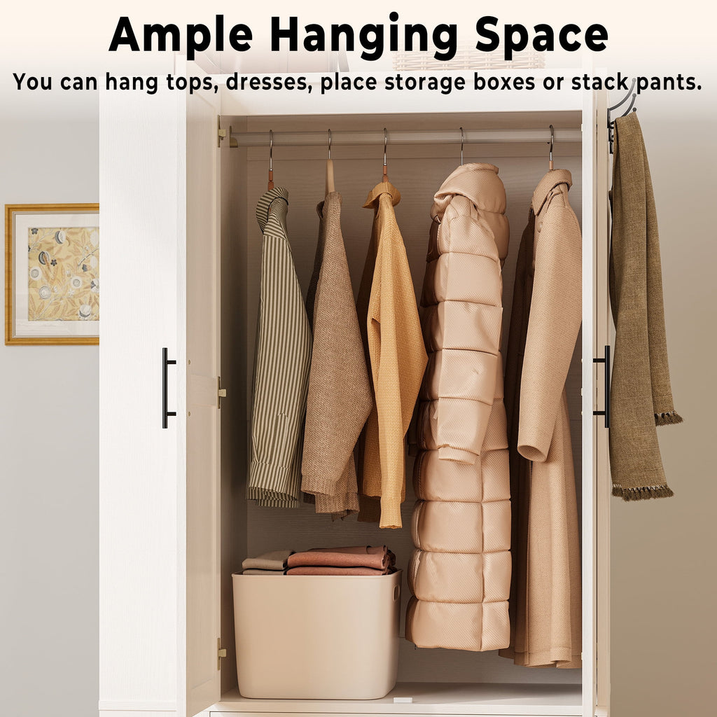 IRONCK 67 Tall Wardrobe Closet with Mirror & Drawer, White Wooden Bedroom Armoire Cabinet with Side Shelves and Hooks