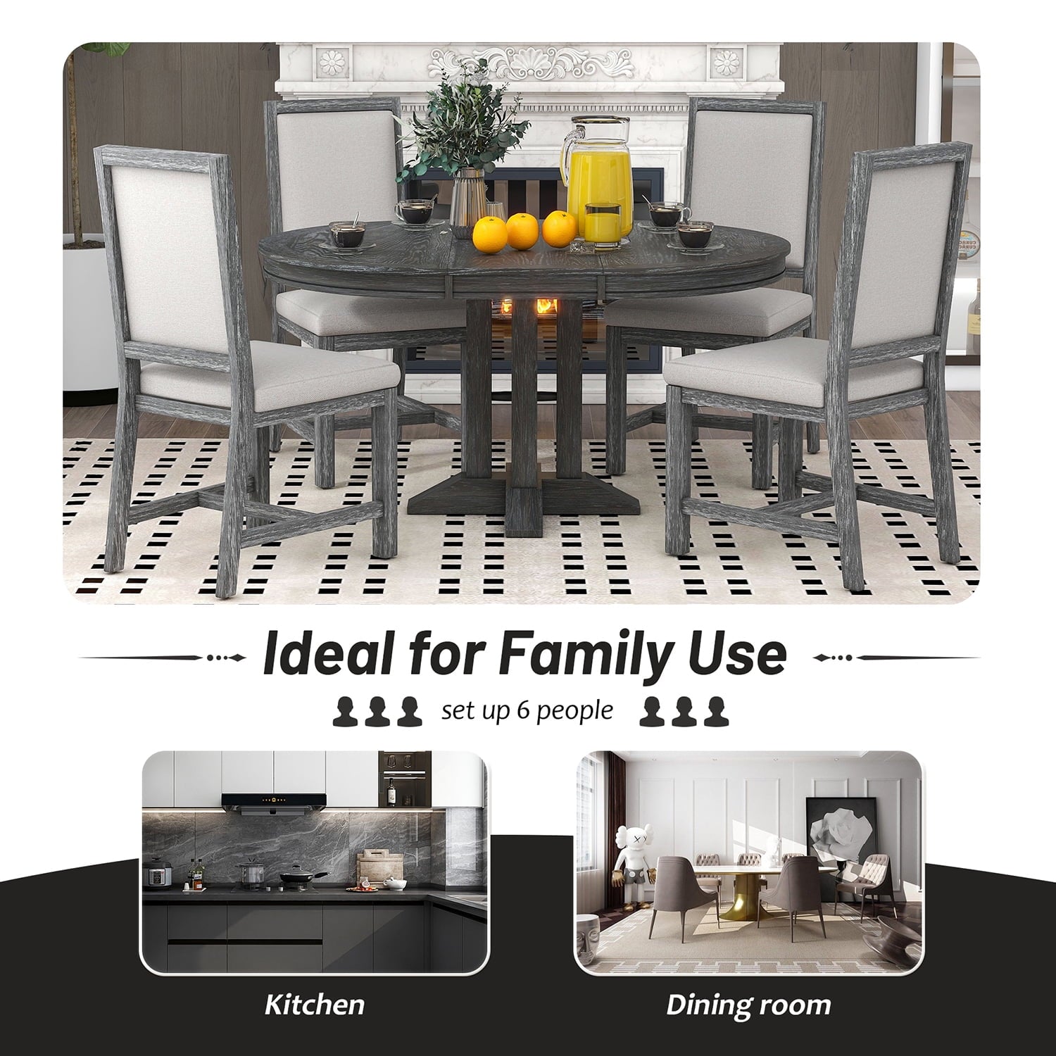 Harper & Bright Designs Farmhouse 5 Piece Kitchen Dining Table Set for 4, Solid Wood Extendable Round Dining Table Set and 4 Upholstered Chairs, Retro Dining Set for Kitchen, Natural Wood Wash