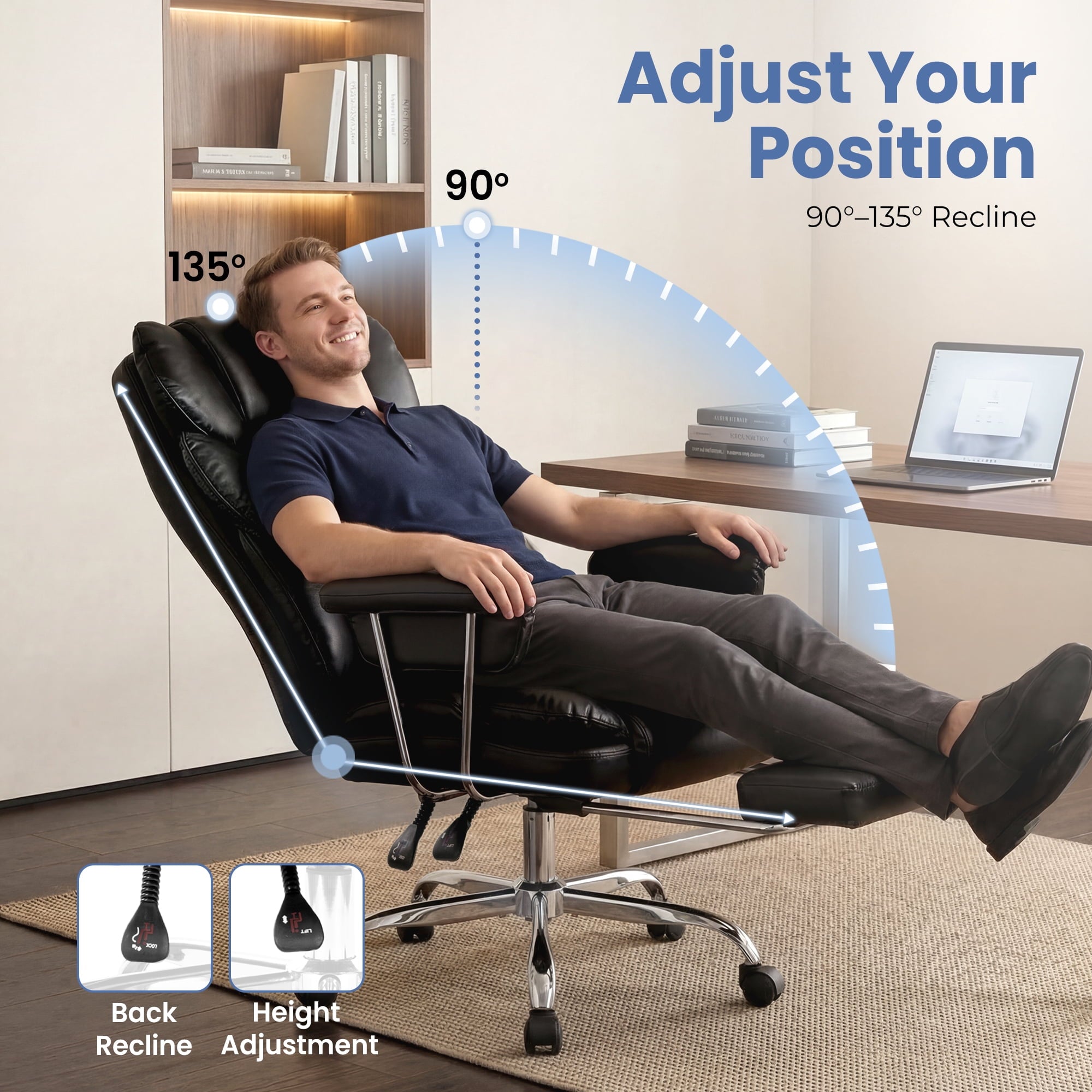 CELTOSS Executive Office Chair 400LBS, High Back Computer Chair with Arms and Footrest, Ergonomic Desk Chair with Lumbar Support, 90–135° Reclining Office Chairs for Home Work, Fabric Blue