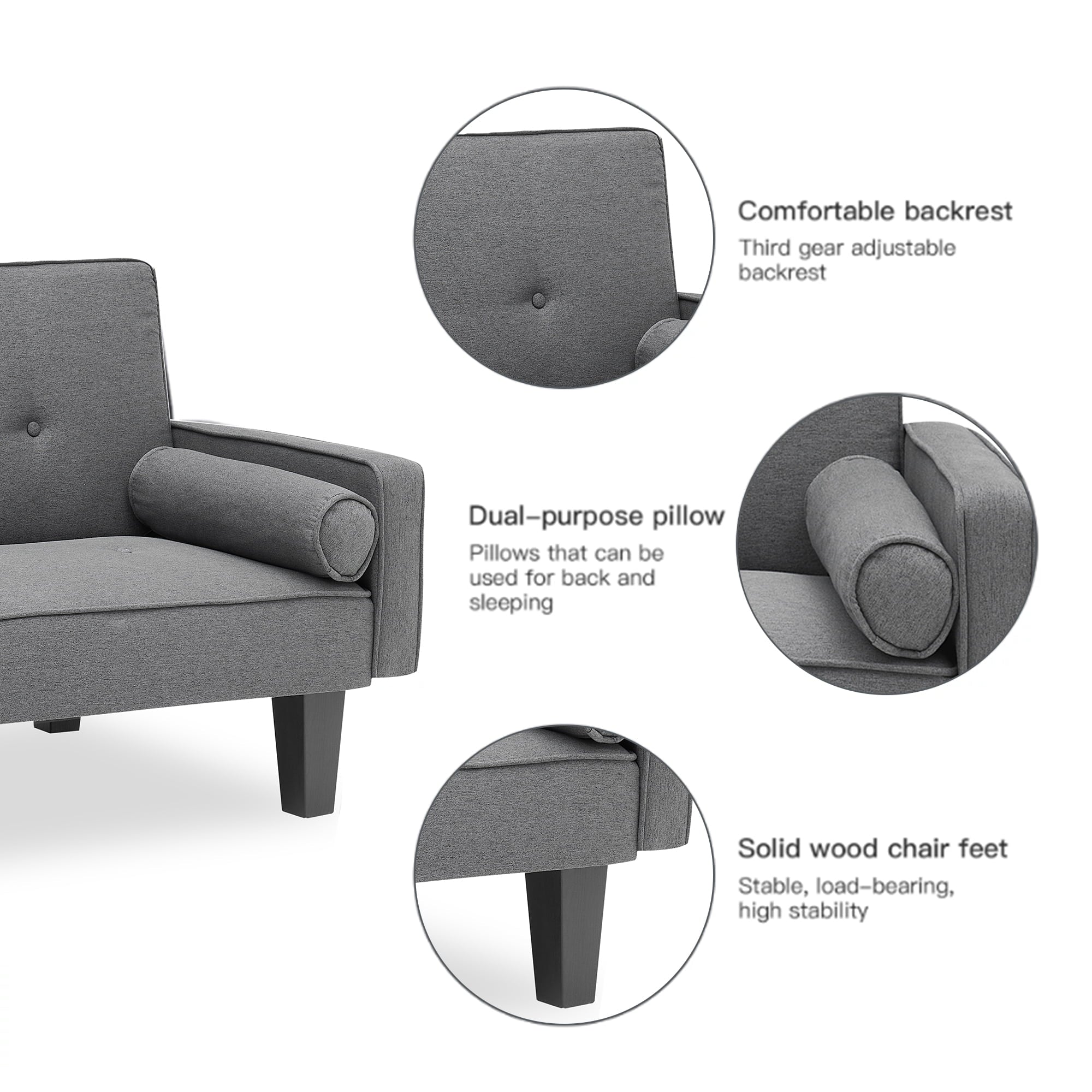 Bianlte 72 Futon Sofa Bed,Upholstered Folding Futon Sofa Couch,Modern Sofa Twin Size Futon Bed with Removable Armrests for Compact Living Space,Apartment,Gray03