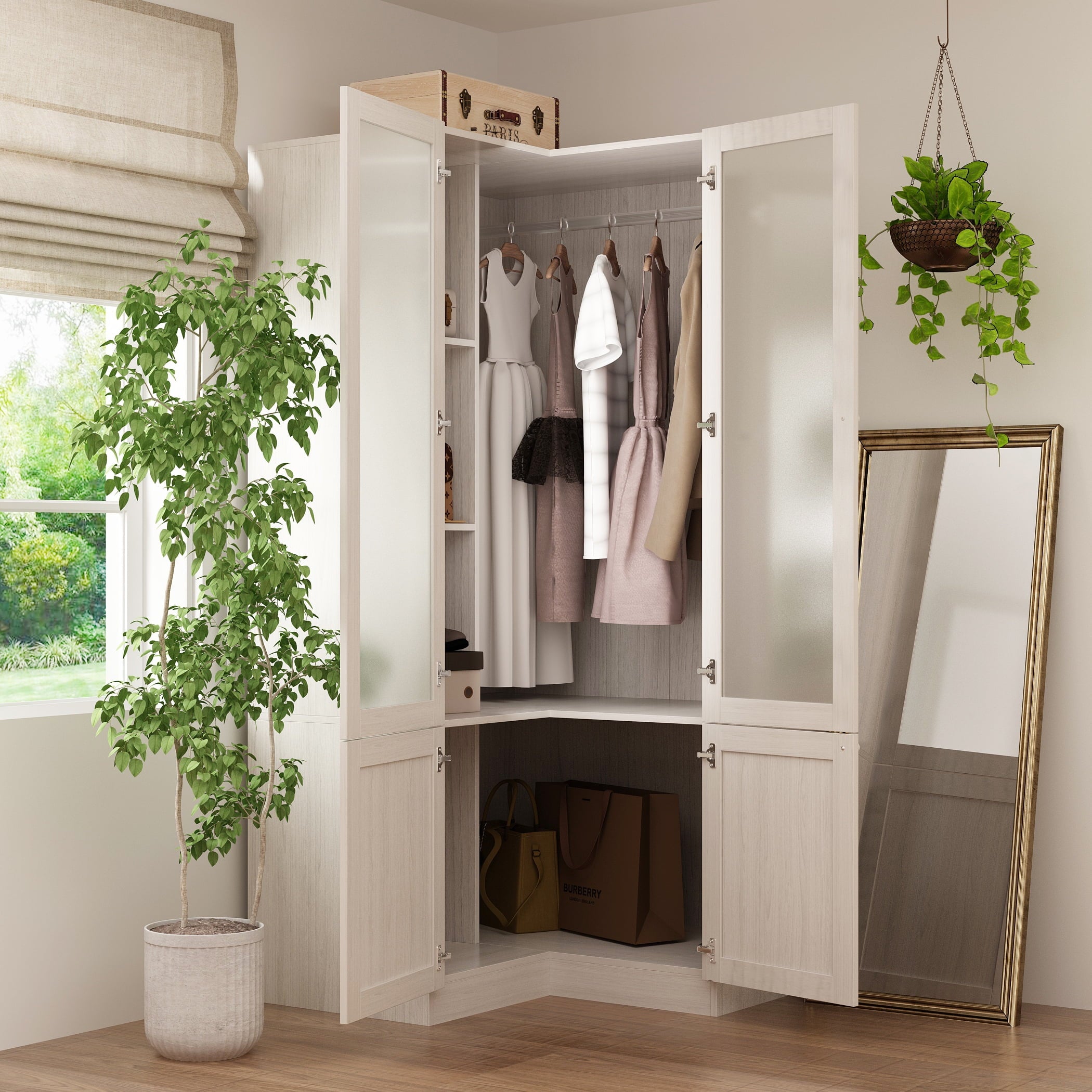 KULAGAGA Corner Armoire Wardrobe with Frosted Glass Doors, L-Shaped Closet Cabinet with Shelves and Hanging Rail for Bedroom
