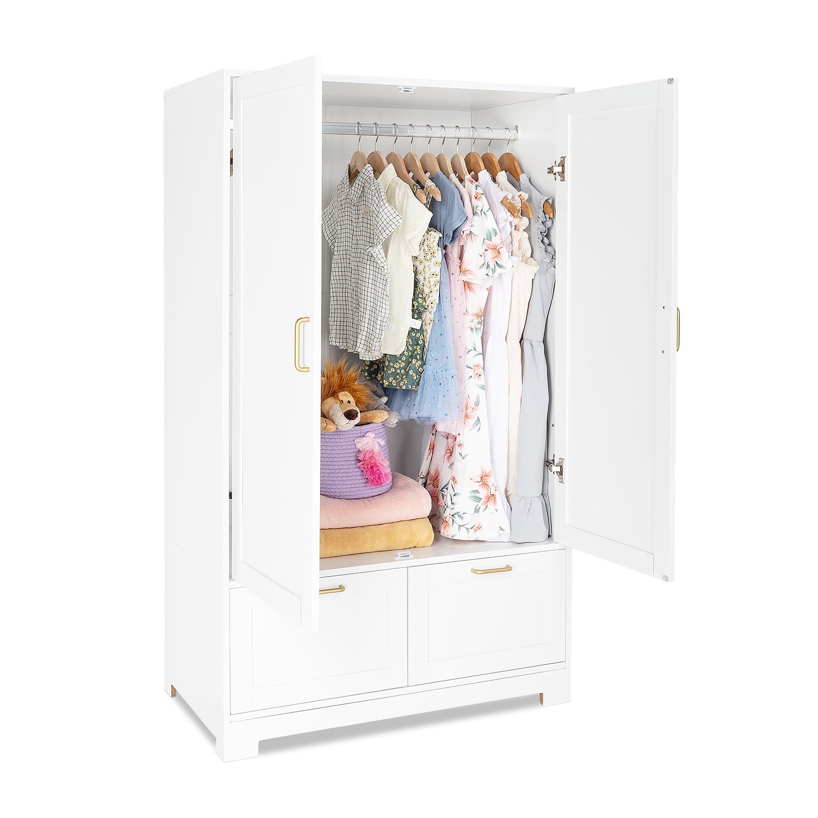 Ktaxon Wardrobe Armoire Closet with Hanging Rod, Modern Drawer & Shelf – Elegant White Finish Closet, Farmhouse to Mid-Century Style