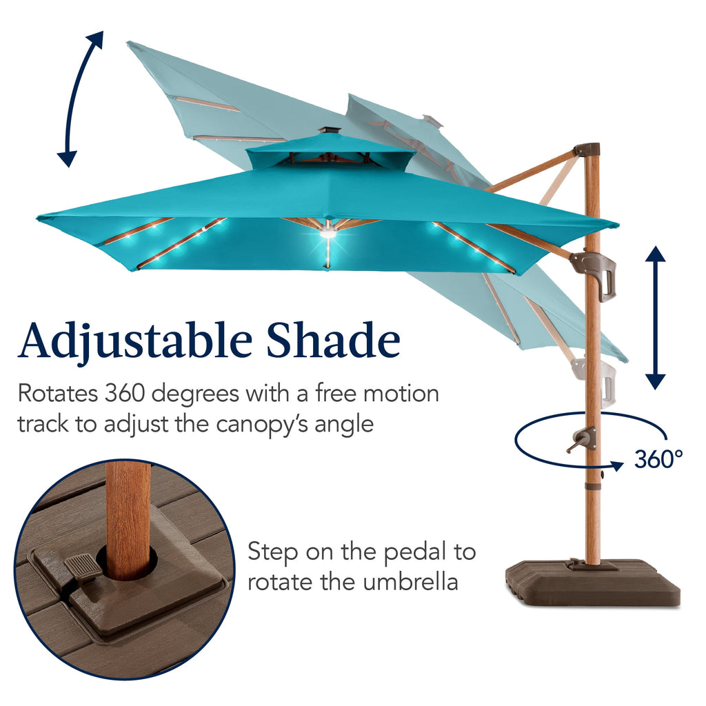 Best Choice Products 10ft Square Woodgrain Pattern 2-Tier Outdoor Solar LED Cantilever Umbrella w/ Base - Gray