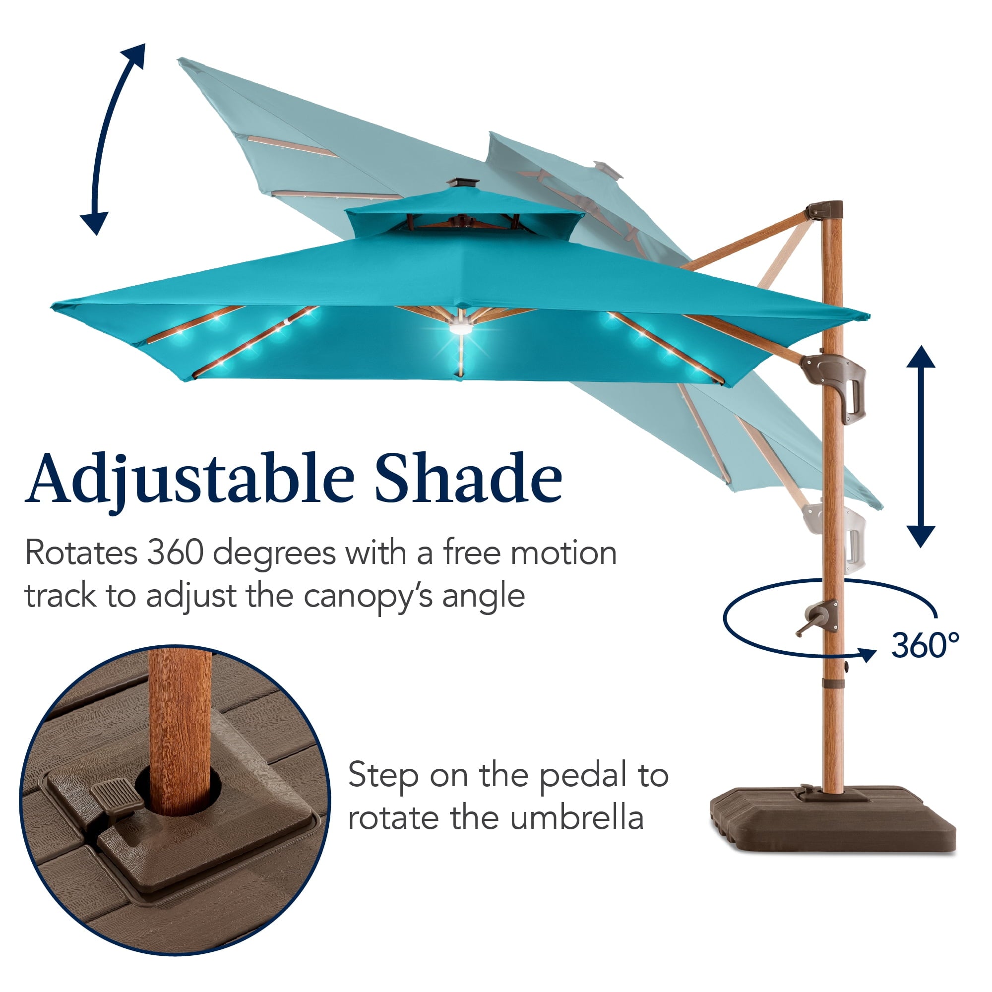 Best Choice Products 10ft Square Woodgrain Pattern 2-Tier Outdoor Solar LED Cantilever Umbrella w/ Base - Gray