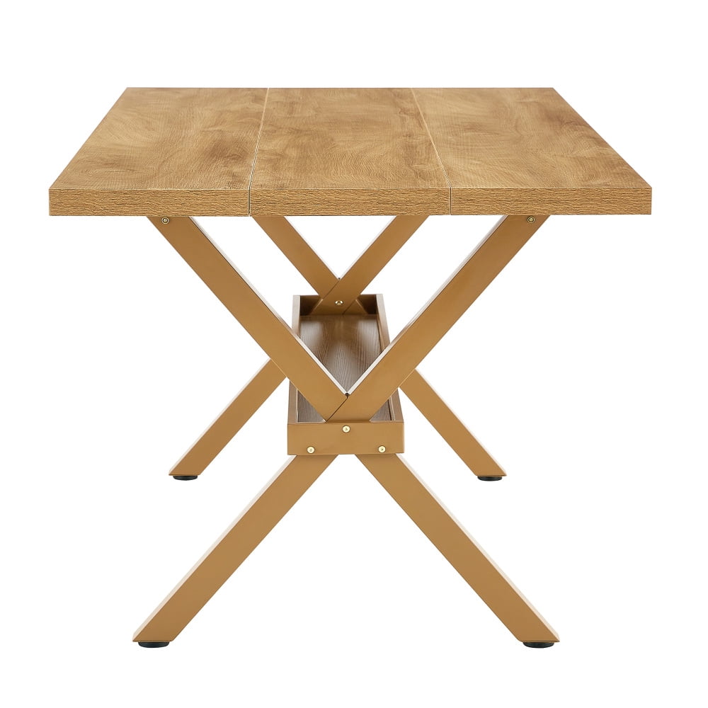Modern 71 Wood Dining Table, Light Wood Grain MDF Top with X-Shaped Metal Legs, Seats 6-8 People, for Kitchen & Dining Room