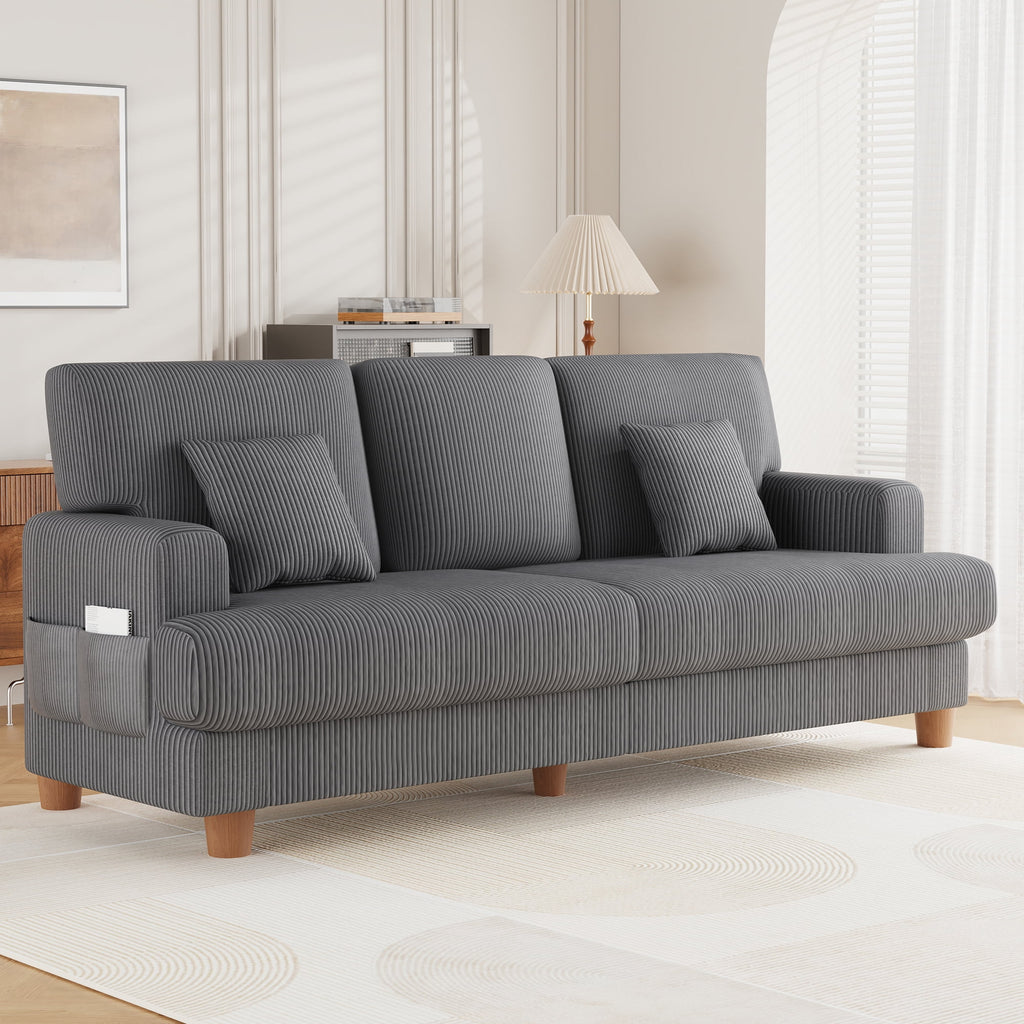 AAQZ 87 Corduroy Sofa Couch for Living Room, 3 Seater Deep Seat Comfy Couch in a Box, 2 Cushions, 2 Pillows Tool-Free Setup,Gray