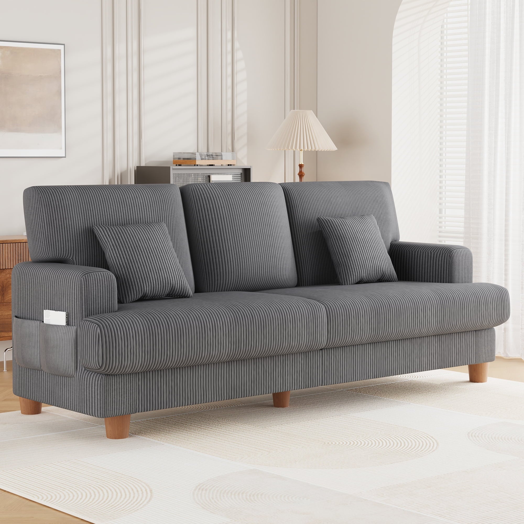 AAQZ 87 Corduroy Sofa Couch for Living Room, 3 Seater Deep Seat Comfy Couch in a Box, 2 Cushions, 2 Pillows Tool-Free Setup,Gray