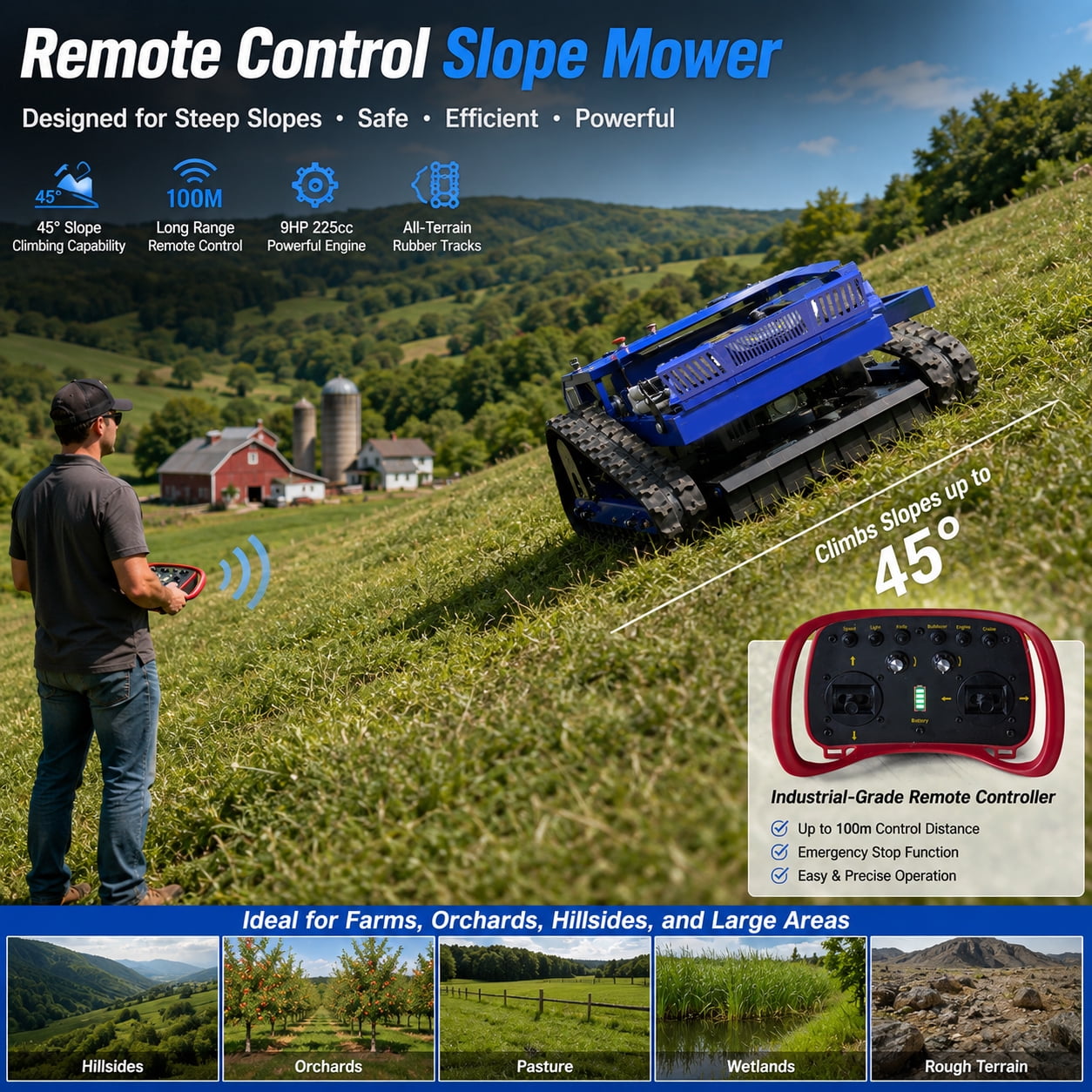DeepKron Robotic Lawn Mower Gasoline Rato 225cc 9HP Remote Controlled Tracked Lawn Mower All-Terrain Robotor Mower Classic
