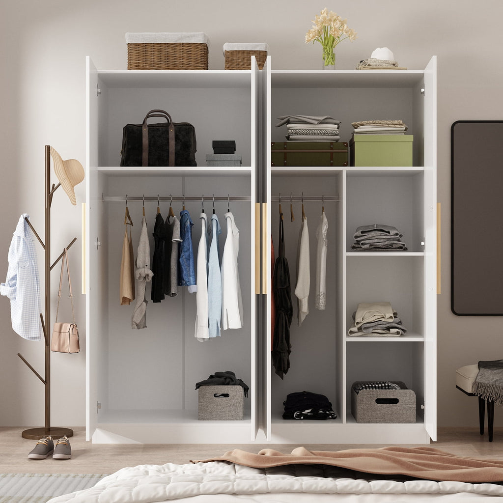 KULAGAGA  Large Wardrobe Closet, 4-Door Armoire Storage Cabinet with Hanging Rods and Shelves for Bedroom, White