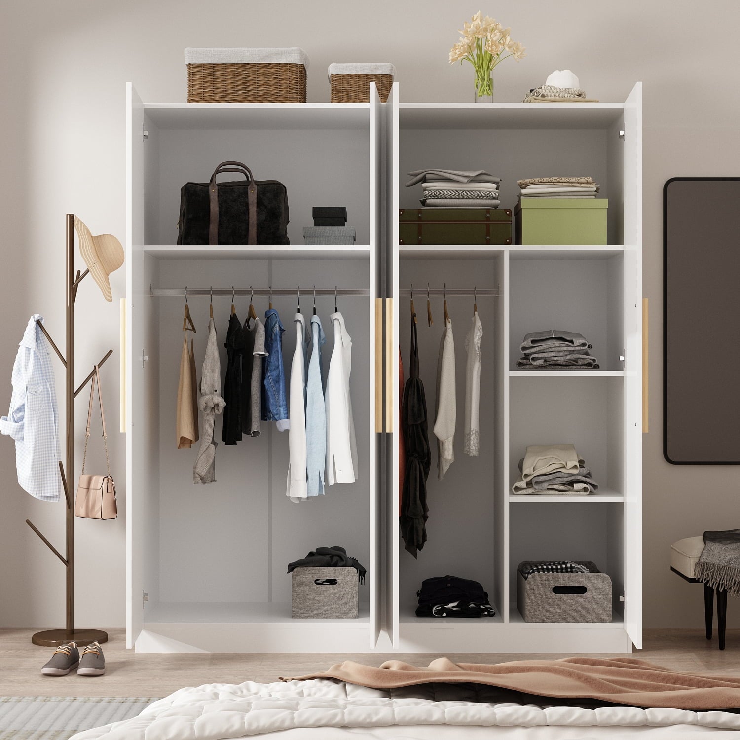 KULAGAGA  Large Wardrobe Closet, 4-Door Armoire Storage Cabinet with Hanging Rods and Shelves for Bedroom, White