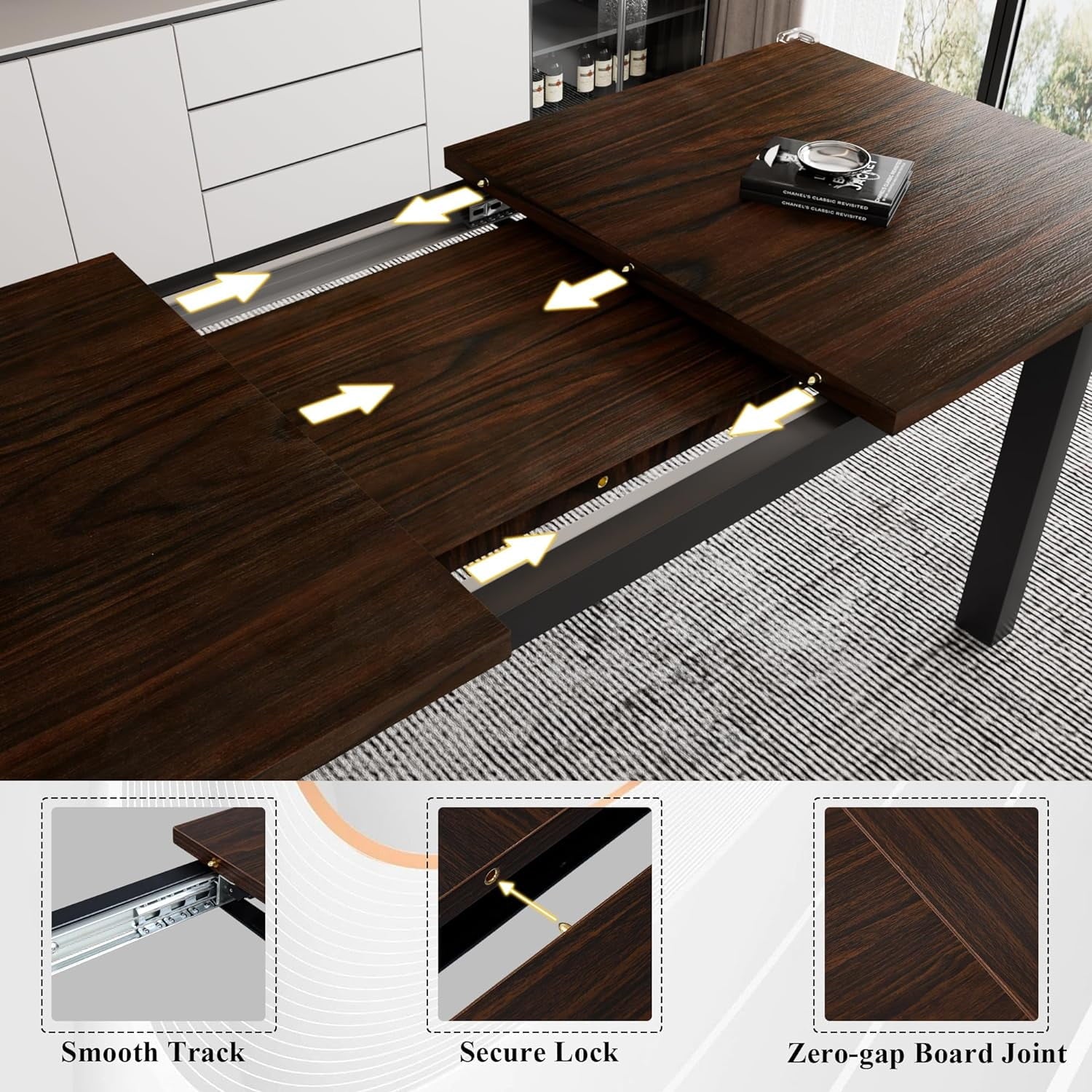 iPormis 5-Piece Dining Table Set for 4-8 People, Extendable Kitchen Table Set with 2 Benches and 2 Square Stools, Espresso