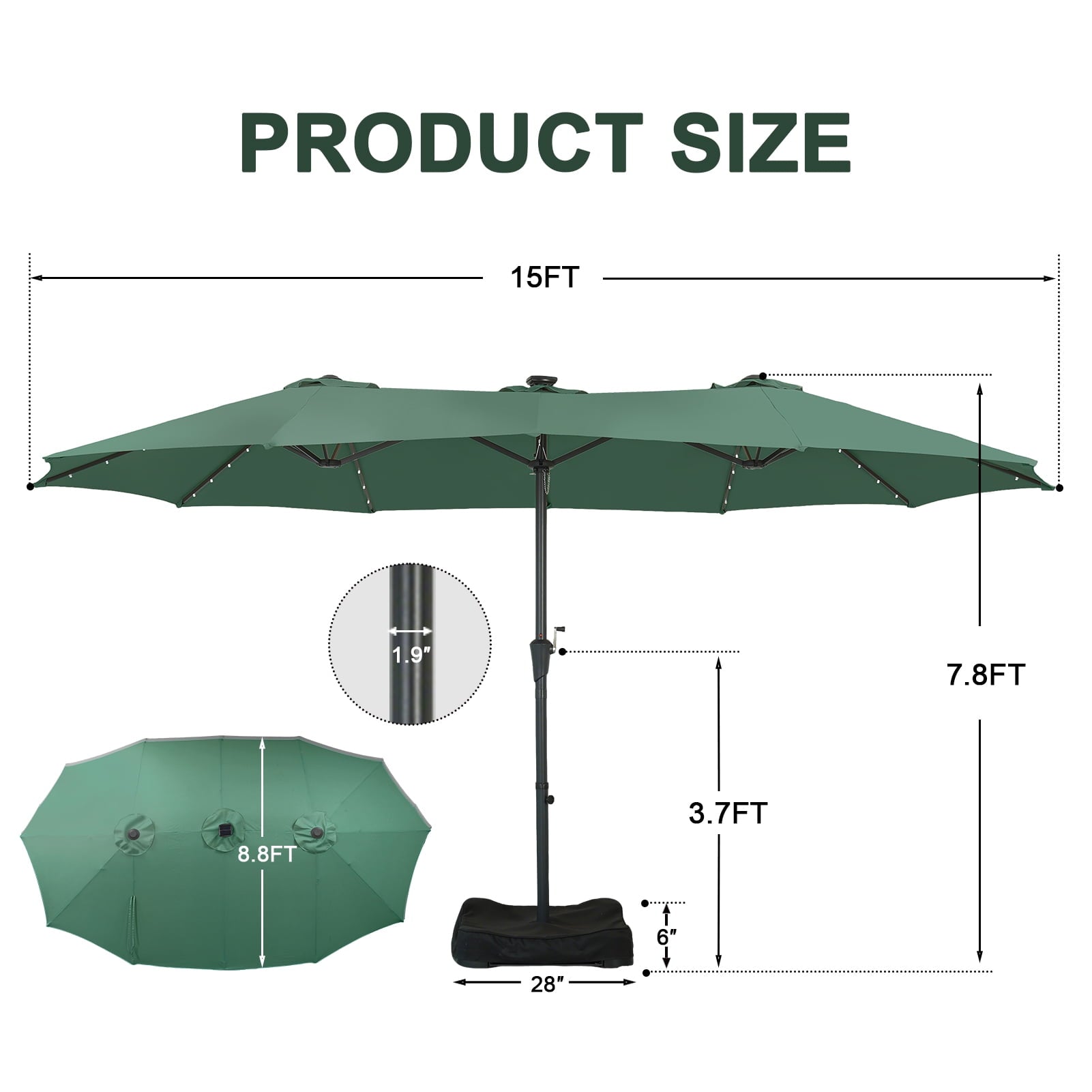 Ainfox 15ft Large Patio Umbrella with Solar Lights, Double-Sided Outdoor Rectangle Table Umbrellas with Sand Bag Base，Beige