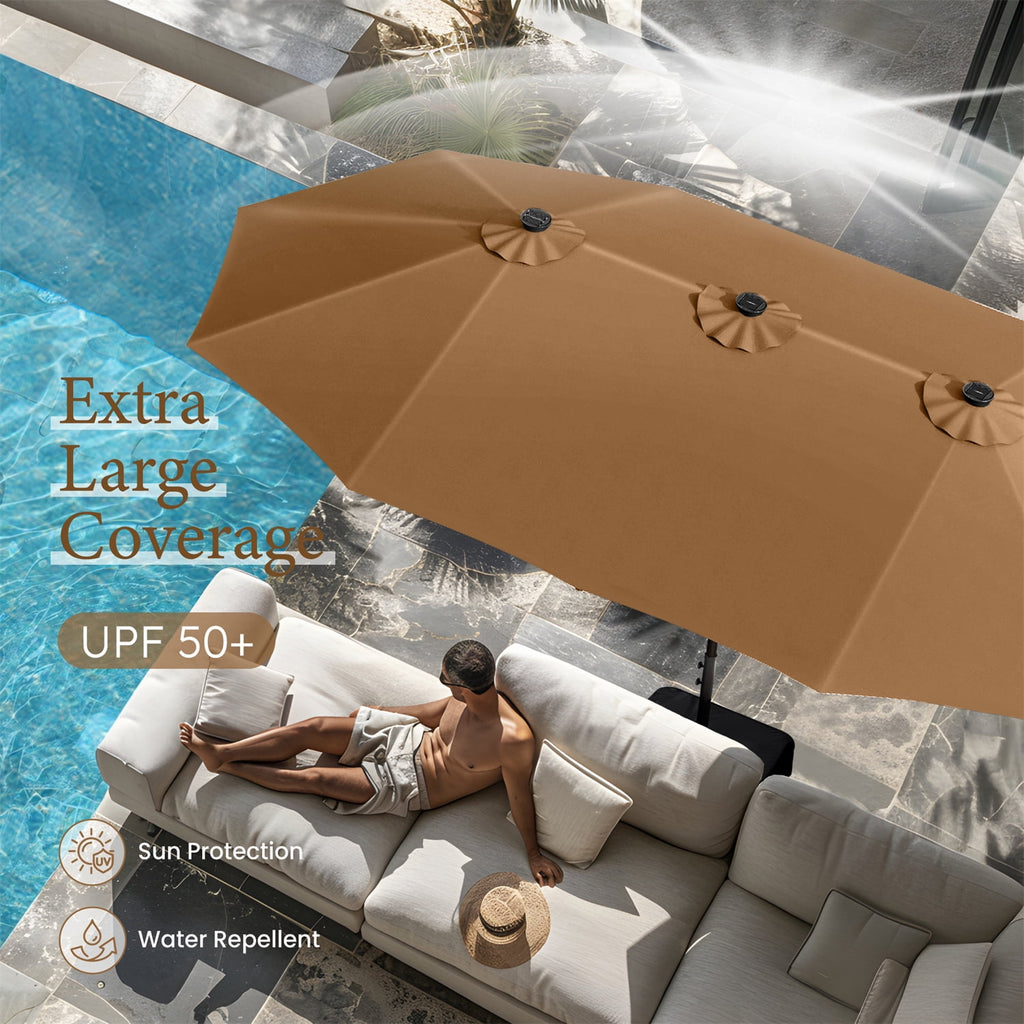 SUMMIT LIVING 15ft Double-Sided Solar Patio Umbrella with Base (Included) Large Outdoor Umbrella with Solar Lights - Beige