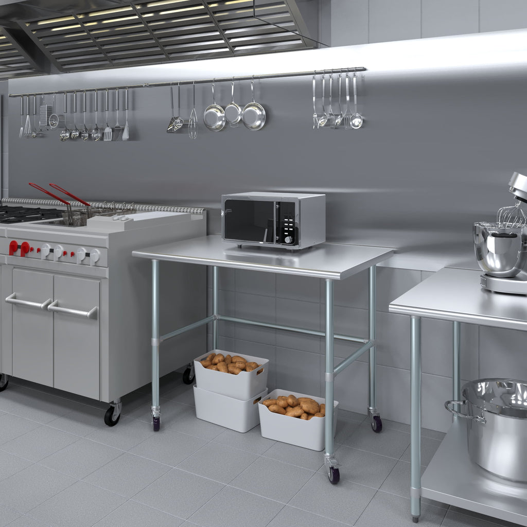 AmGood 36 Long x 30 Deep Stainless-Steel Work Table with Open Base and Wheels, Mobile Metal Table