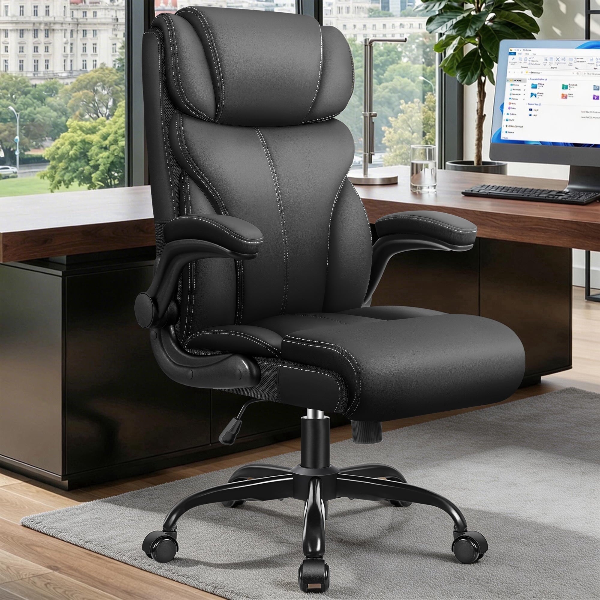 STACOO High Back Executive Office Chair 400lbs, Big and Tall Ergonomic Desk Chair with Lumbar Support & Flip-up Armrests, PU Leather Swivel Chair with Adjustable Height – Brown