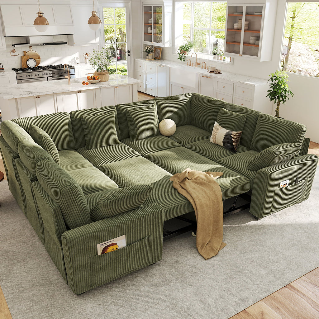 BedLuxury 83 Sectional Sleeper Sofa With Pull Out Bed, Storage Seat & USB Charging, L Shape Modern Couch for Living Room, Corduroy Gray