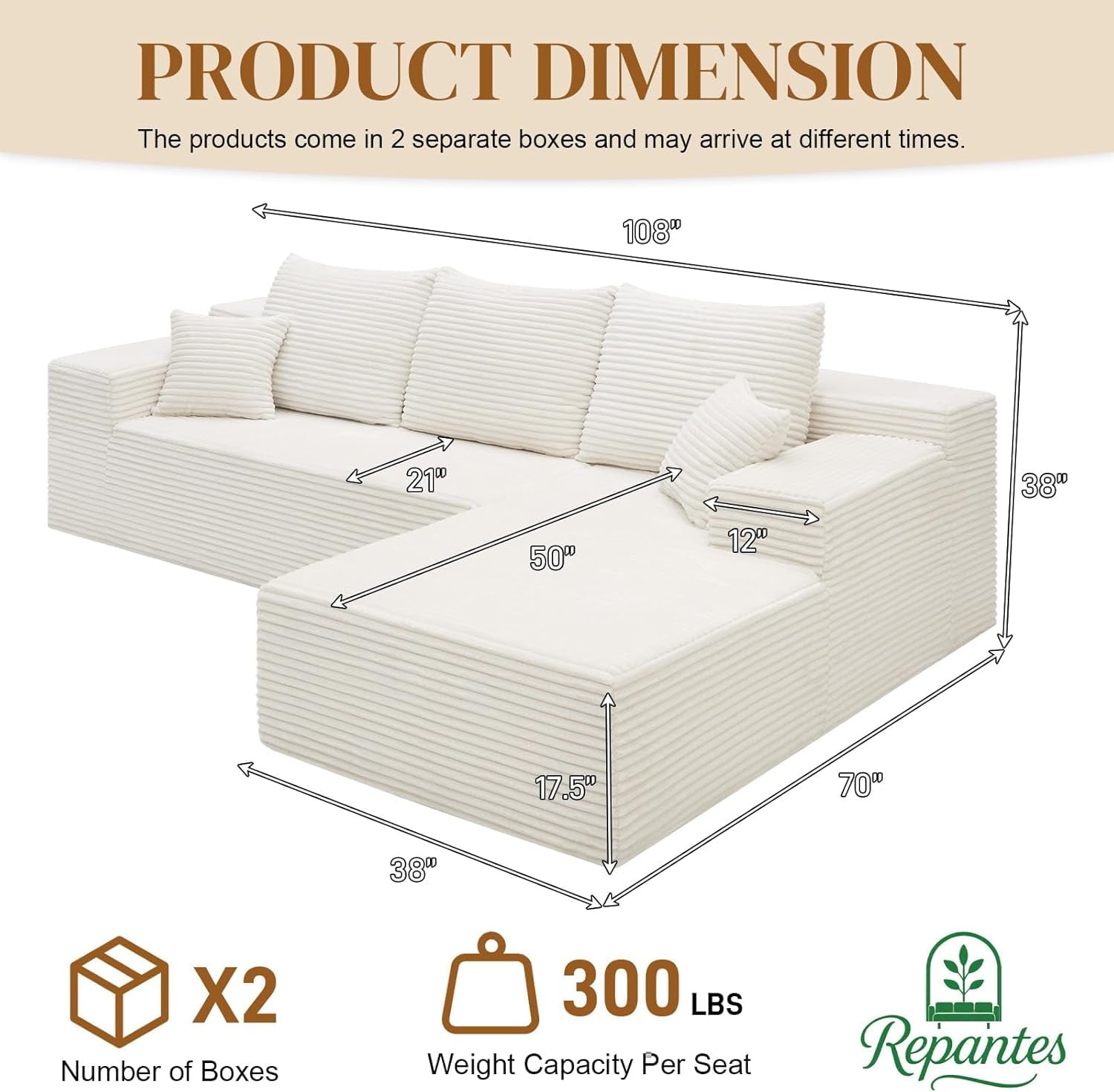 LLappuil 108 Sectional Sofa, Modular Sectional Couch with Left Chaise, Deep Seat Corduroy Cloud Sofa for Living Room Black