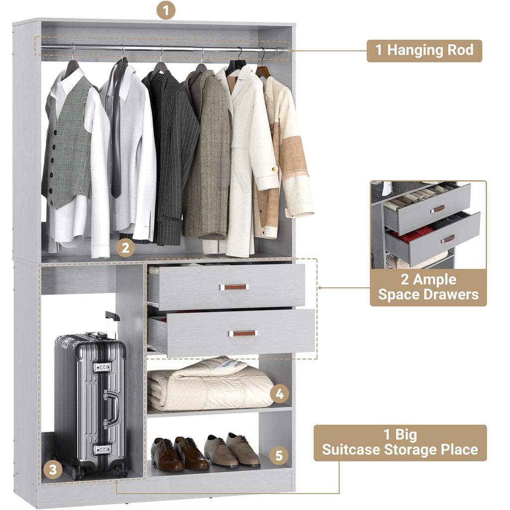 Homieasy Freestanding Closet System with Suitcase Storage, 40'' Closet Organizer System with 2 Wood Drawers and Hanging Rod, White