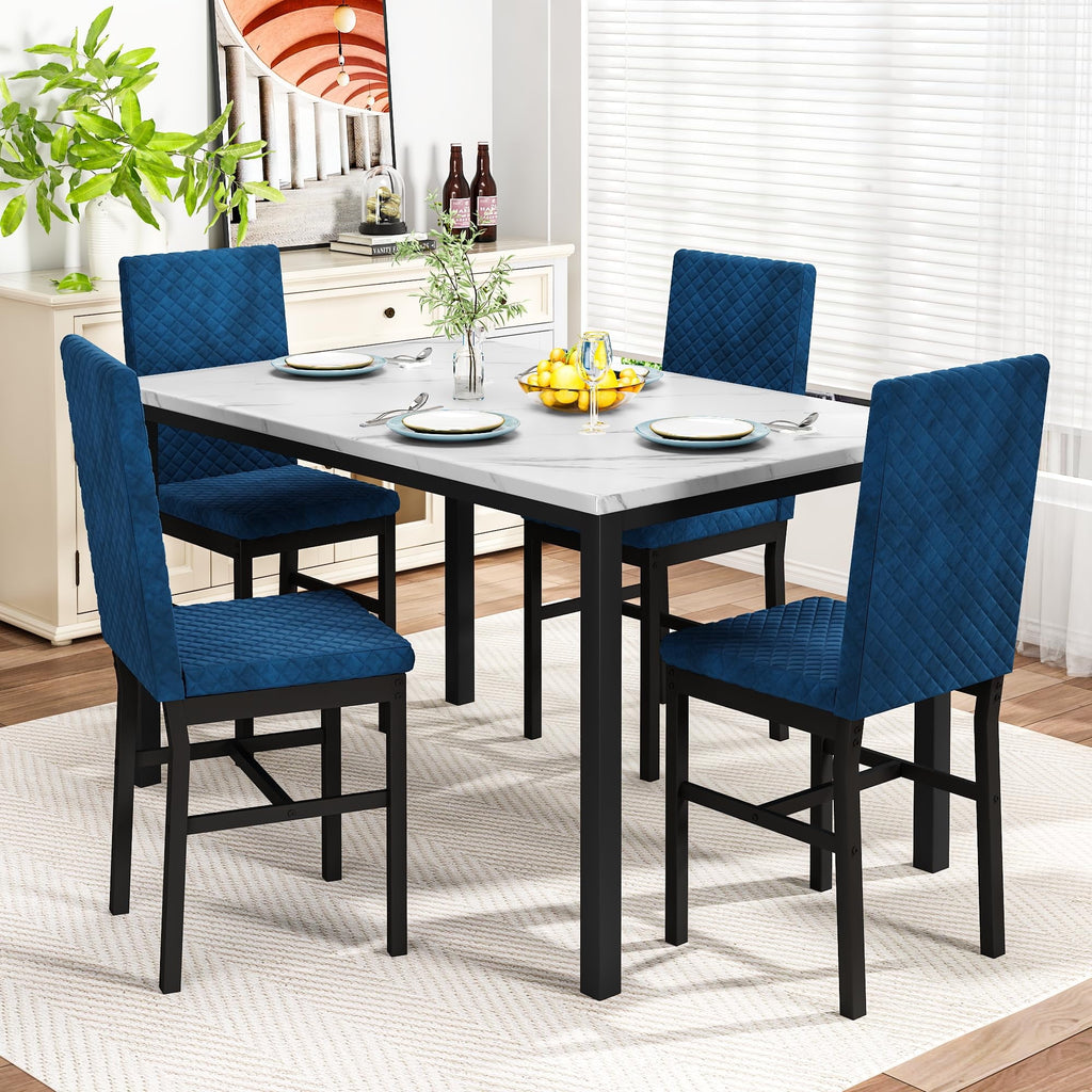 Baxluxe Dining Table Set for 4, Modern 5 Piece Dining Table Set, Faux Marble Kitchen Table and 4 Velvet Upholstered Chairs for Apartments, Dining Rooms, Small Spaces, Gray