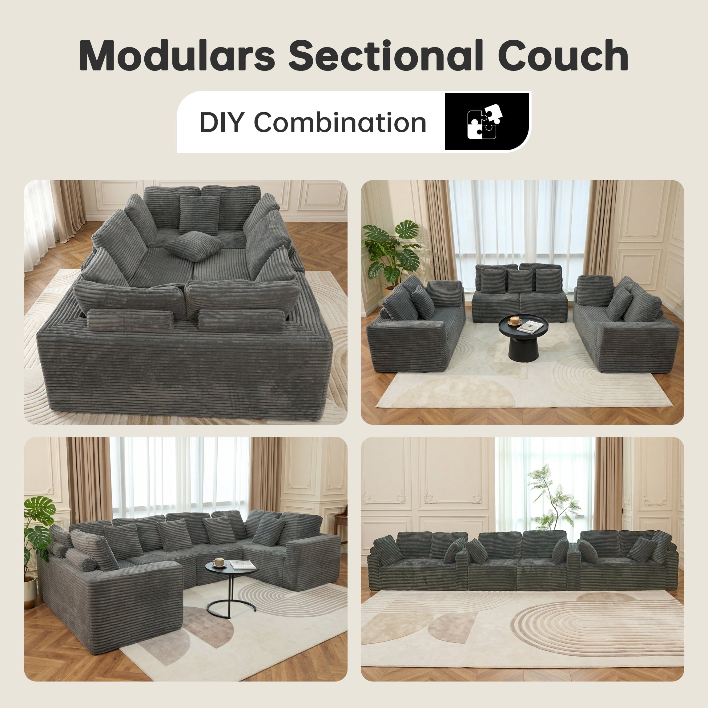 SOULART 138.5 U Shaped Sectional Couch,Gray Cloud Boneless Sofa For Living Room,Plush Corduroy Couches With Deep Seat Chaise Lounge,No Assembly Required