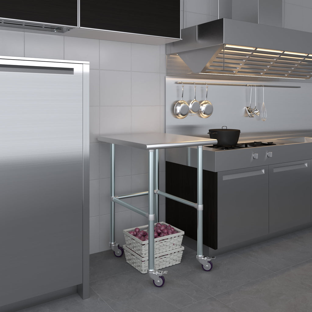 AmGood 36 Long x 30 Deep Stainless-Steel Work Table with Open Base and Wheels, Mobile Metal Table