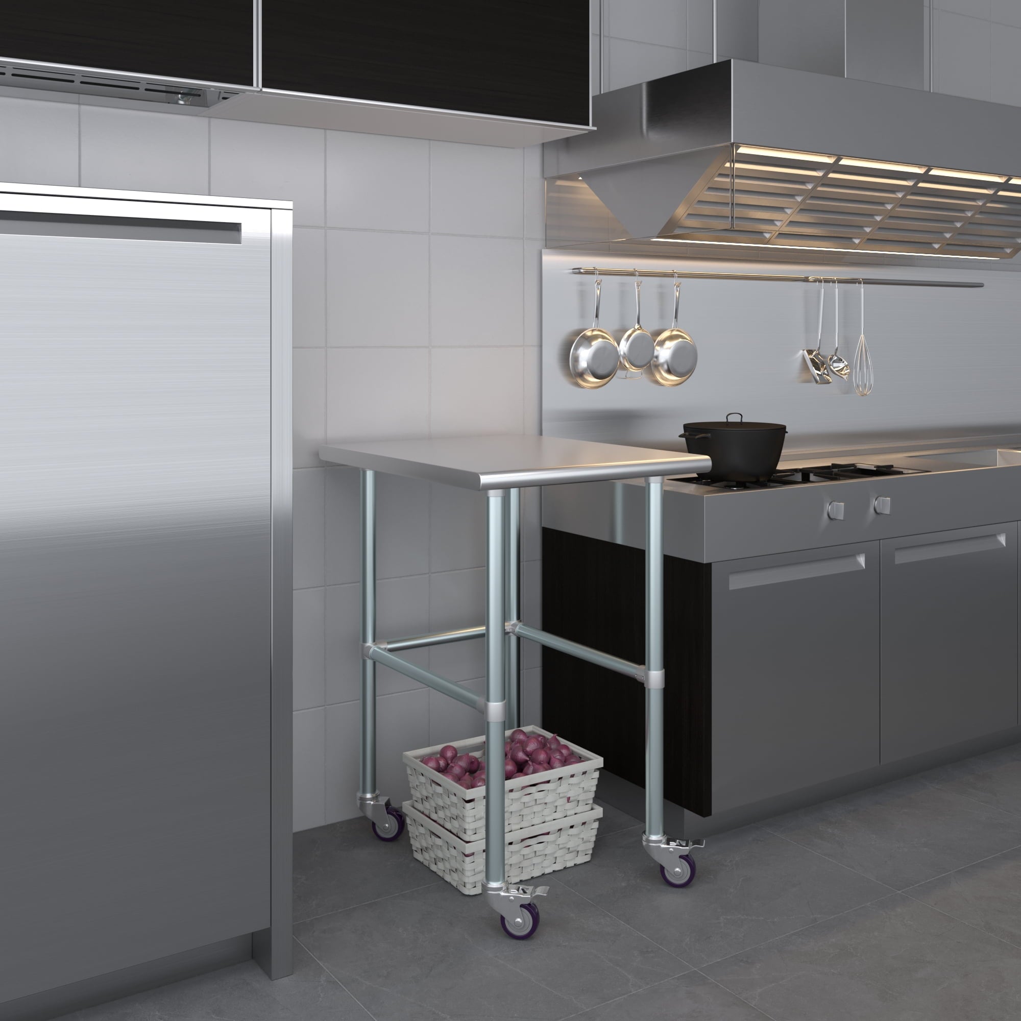 AmGood 36 Long x 30 Deep Stainless-Steel Work Table with Open Base and Wheels, Mobile Metal Table