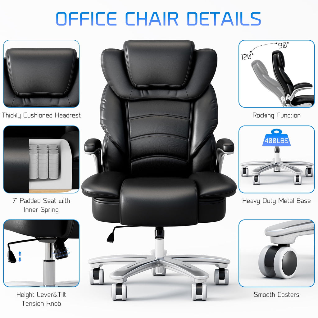 Ninecer Big and Tall Office Chair 400lb Wide Seat, Ergonomic High Back Leather Executive Desk Chair, Computer Chair with Flip-up Arms, Black