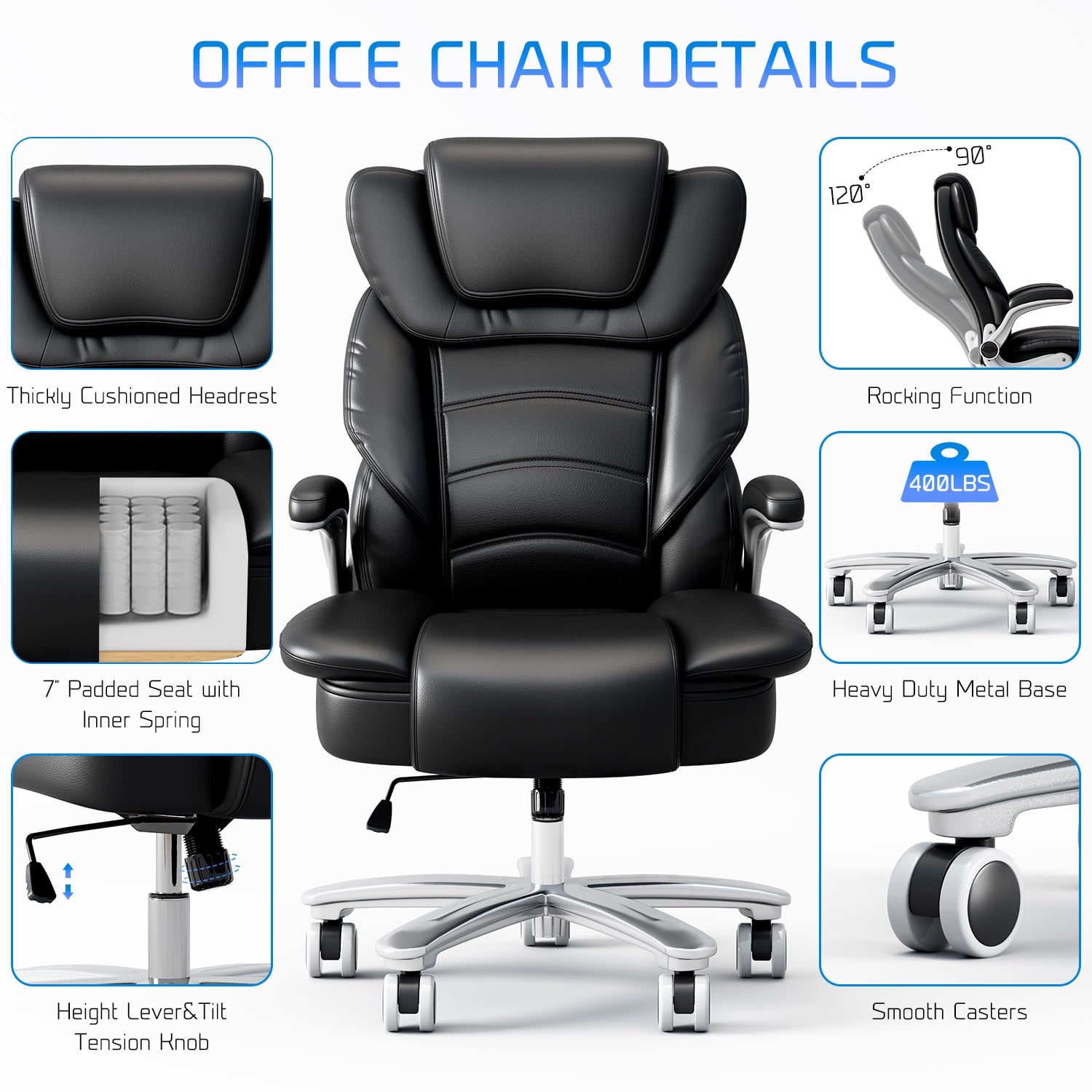 Ninecer Big and Tall Office Chair 400lb Wide Seat, Ergonomic High Back Leather Executive Desk Chair, Computer Chair with Flip-up Arms, Black