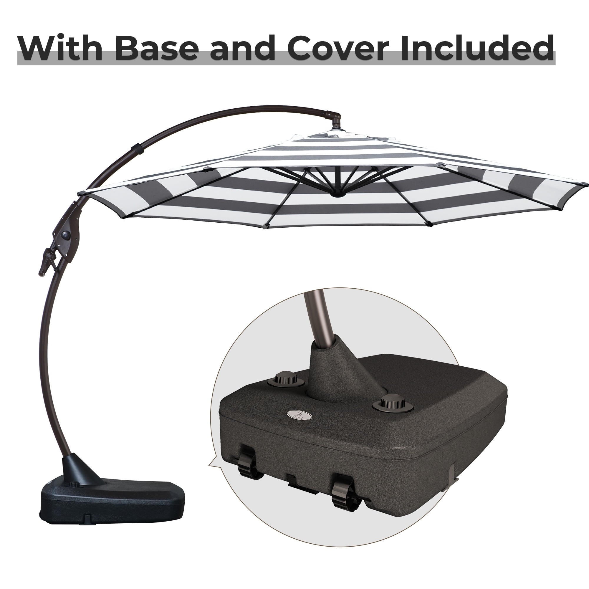 GRANDPATIO 12 Ft Outdoor Umbrella with Base, Large Aluminum Cantilever Offset Umbrella for Patio Pool, Black & White
