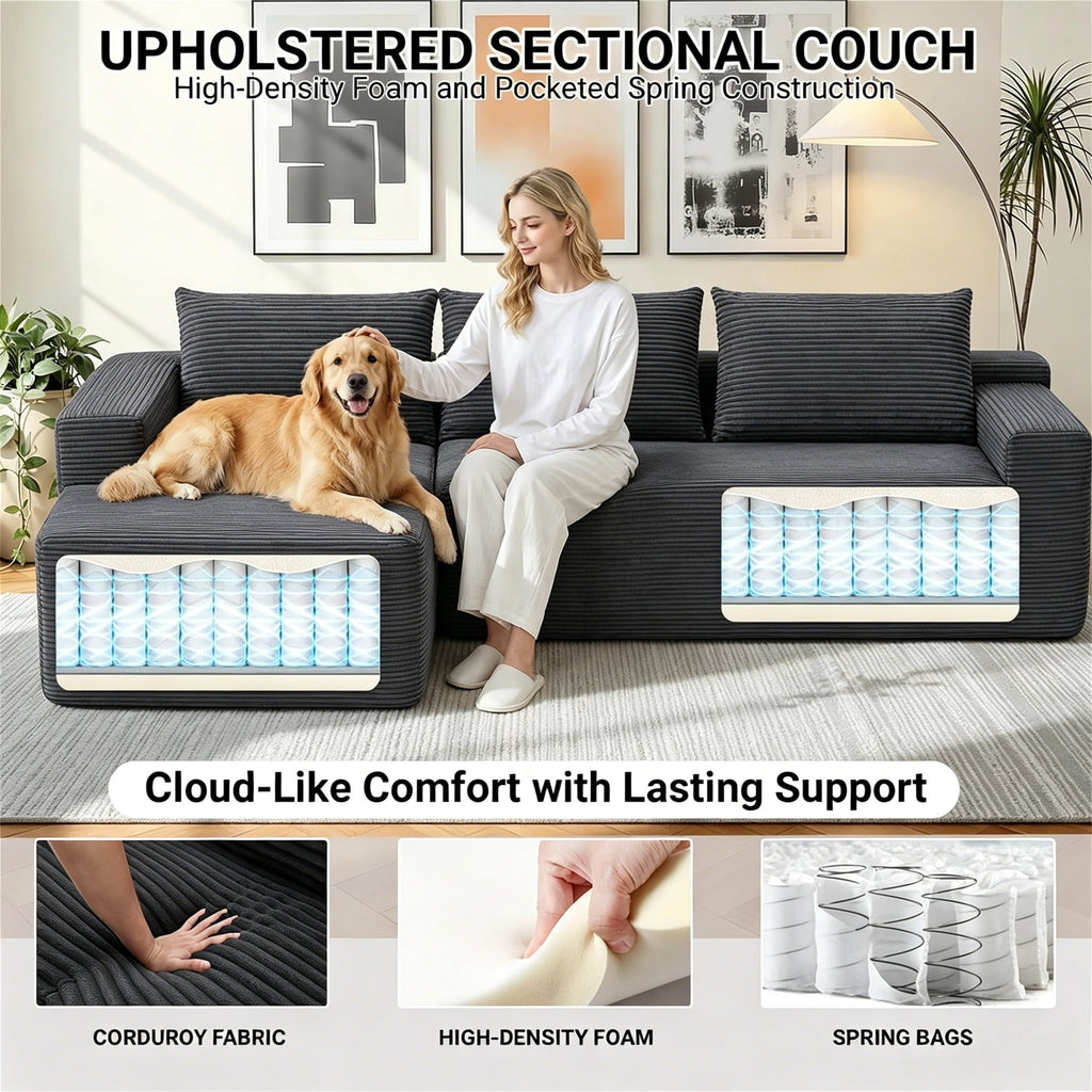 Aukfa 95 Cloud Sectional Sofa Deep Seat Boneless Couch Modular L-Shaped Couch, Left Chaise Corduroy Sofa for Living Room, Black