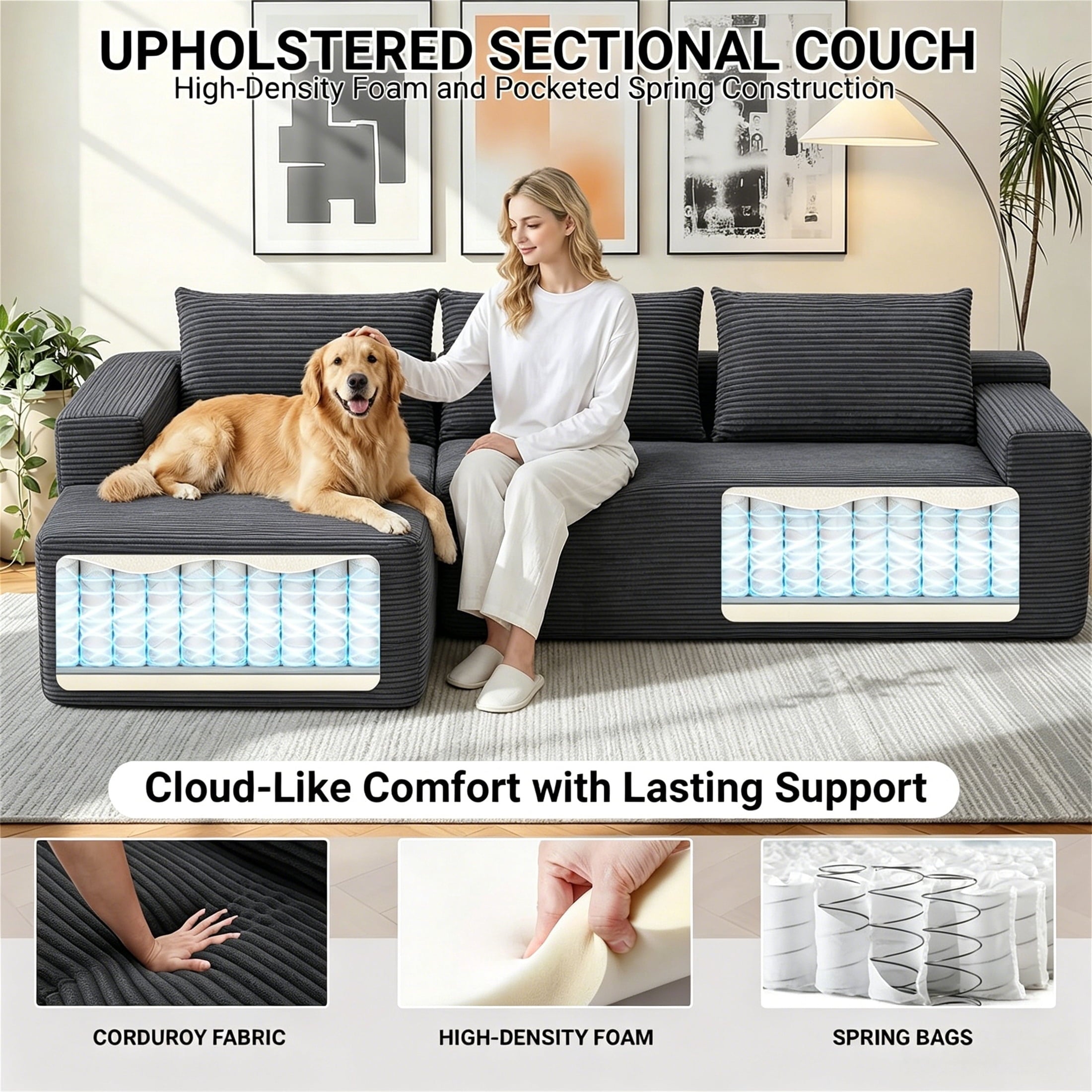 Aukfa 95 Cloud Sectional Sofa Deep Seat Boneless Couch Modular L-Shaped Couch, Left Chaise Corduroy Sofa for Living Room, Black