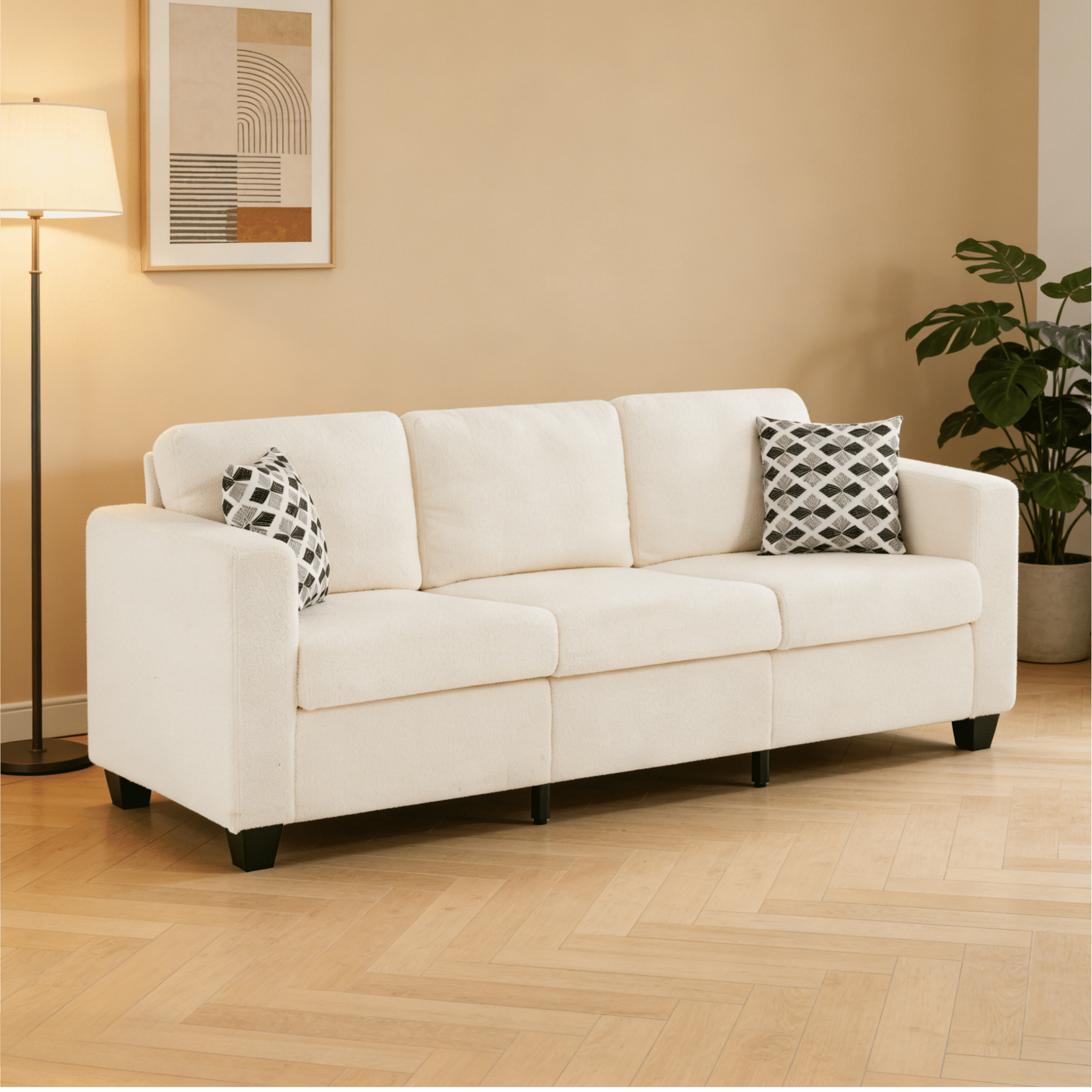 Gewnee 86.6 Modern Sofa Couch,Teddy Velvet 3 Seaters Comfy Couch with Deep Seat for Living Room,2 Pillows,Beige