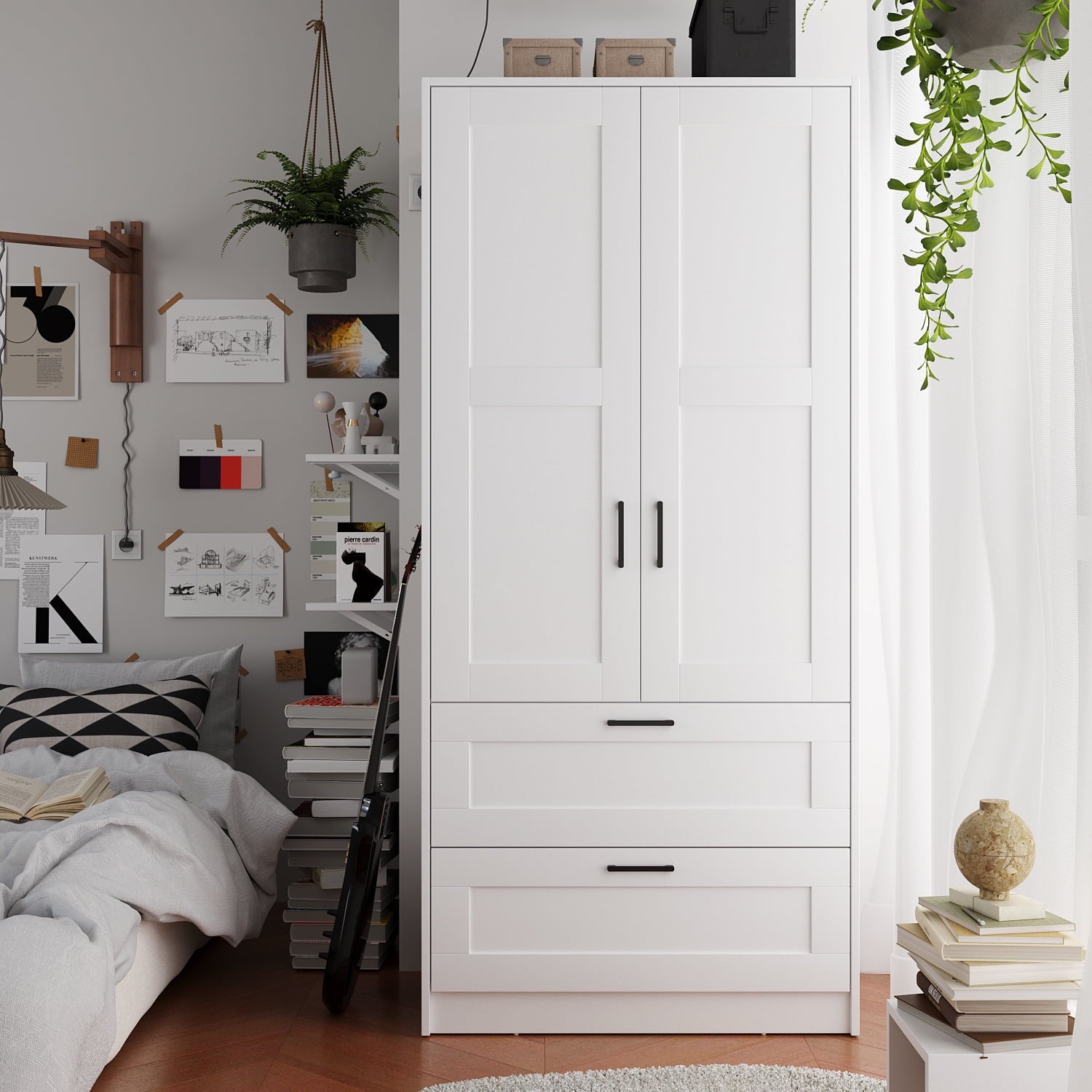 Wood White Wardrobe Closet with 2 Doors，Bedroom Freestanding Armoire Storage Cabinet with Shelves，Wooden Wardrobe Combination for Hanging Clothes