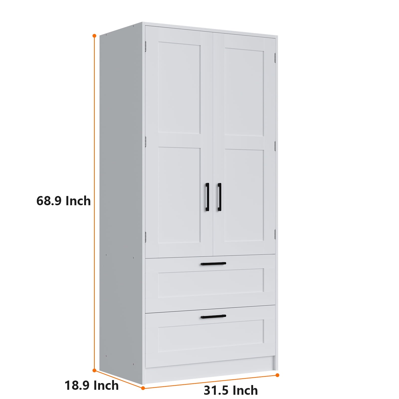 Wood White Wardrobe Closet with 2 Doors，Bedroom Freestanding Armoire Storage Cabinet with Shelves，Wooden Wardrobe Combination for Hanging Clothes